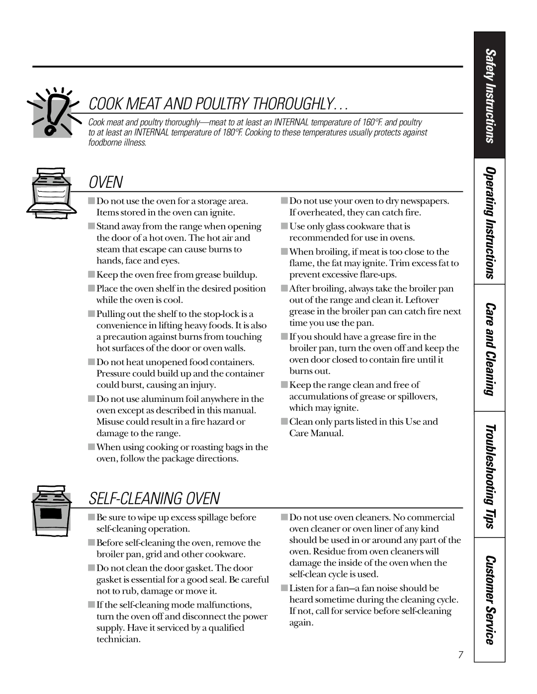 GE JGSP22 owner manual Cook Meat and Poultry THOROUGHLY…, SELF-CLEANING Oven, Tips Customer Service 