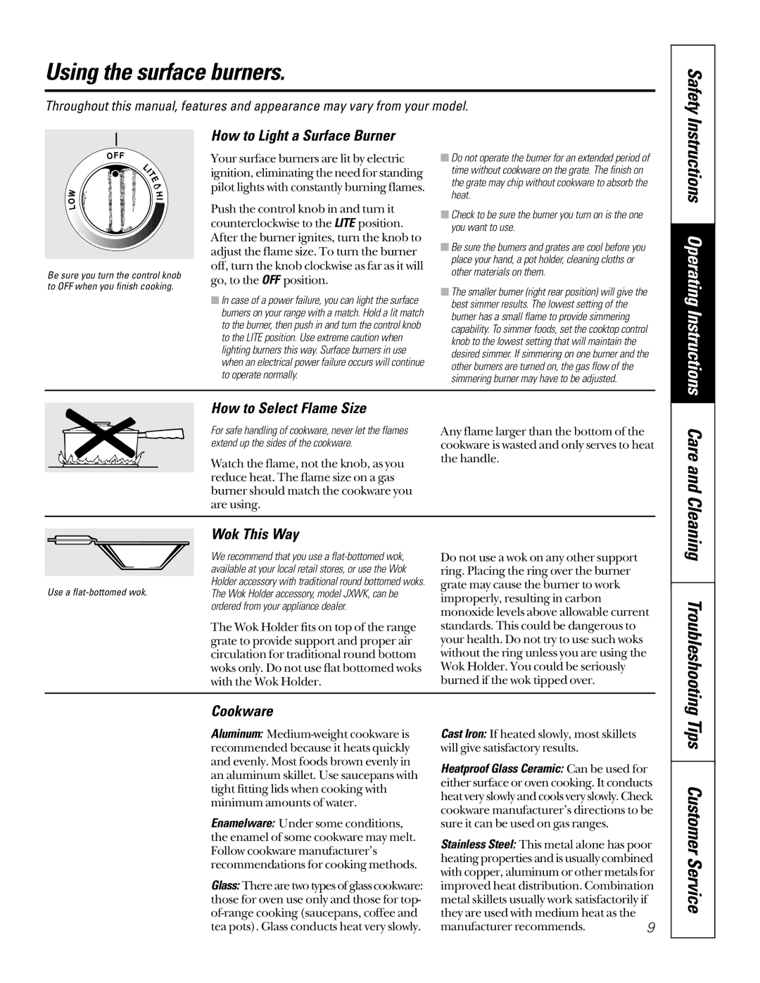 GE JGSP22 owner manual Using the surface burners, Safety 