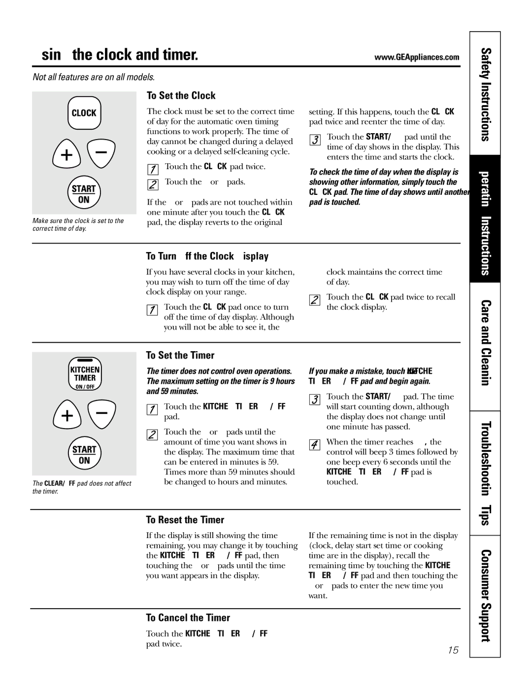 GE JGSP28 owner manual Using the clock and timer, Safety, Cleaning Troubleshooting Tips 