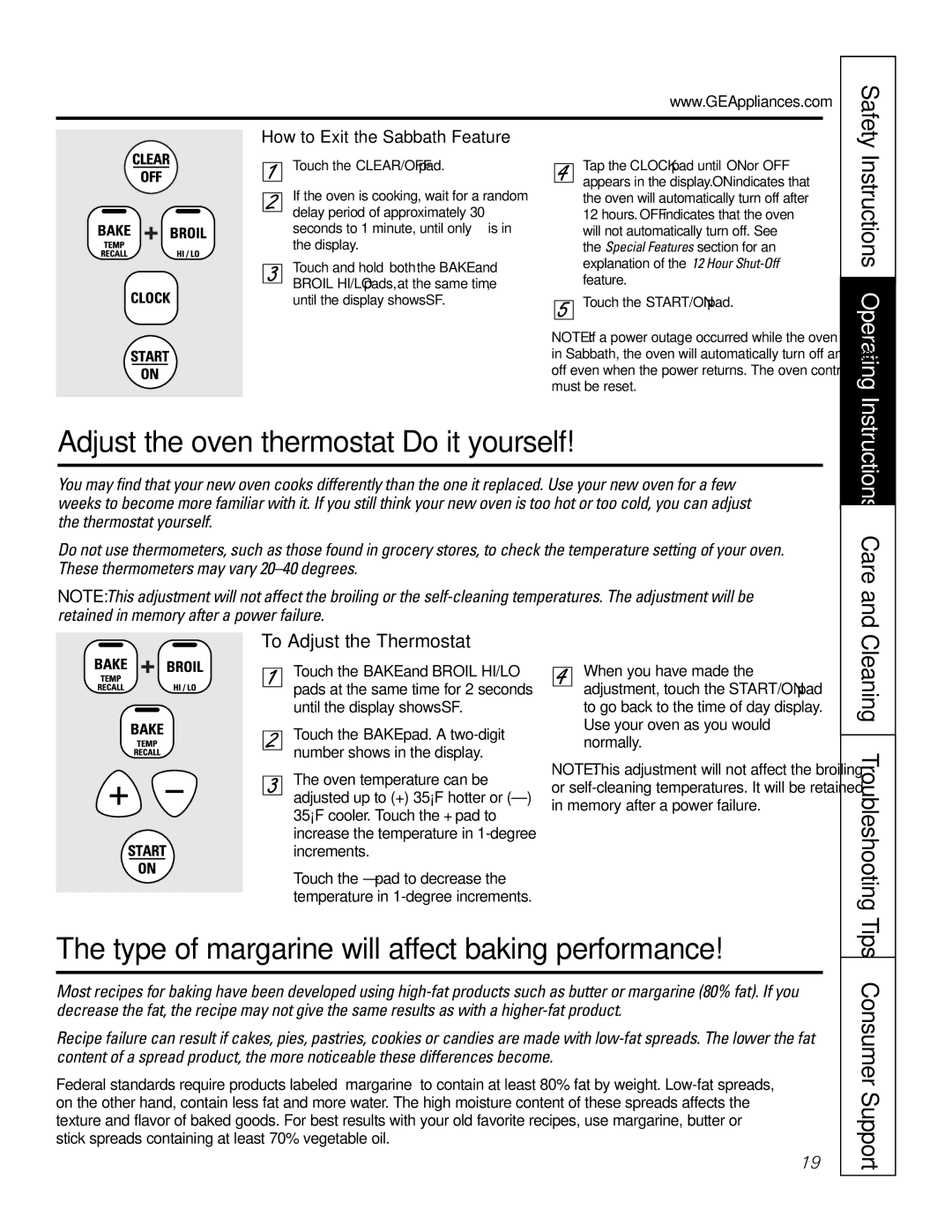 GE JGSP28 owner manual Adjust the oven thermostat-Do it yourself, Type of margarine will affect baking performance 