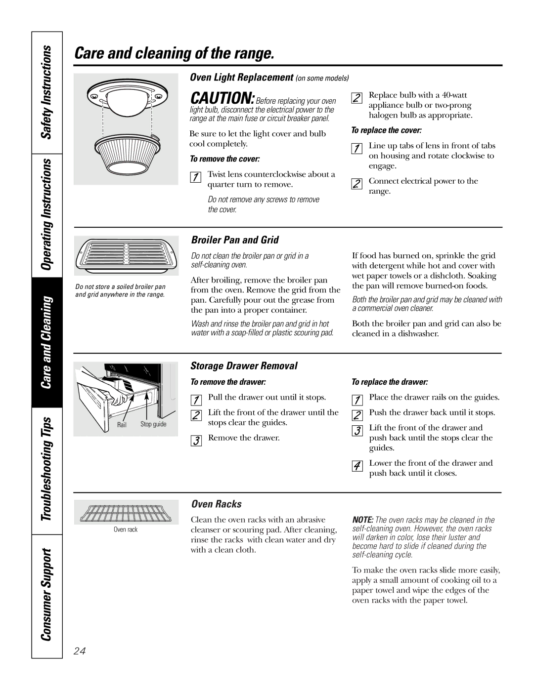 GE JGSP28 owner manual Troubleshooting Tips, Broiler Pan and Grid, Oven Racks 