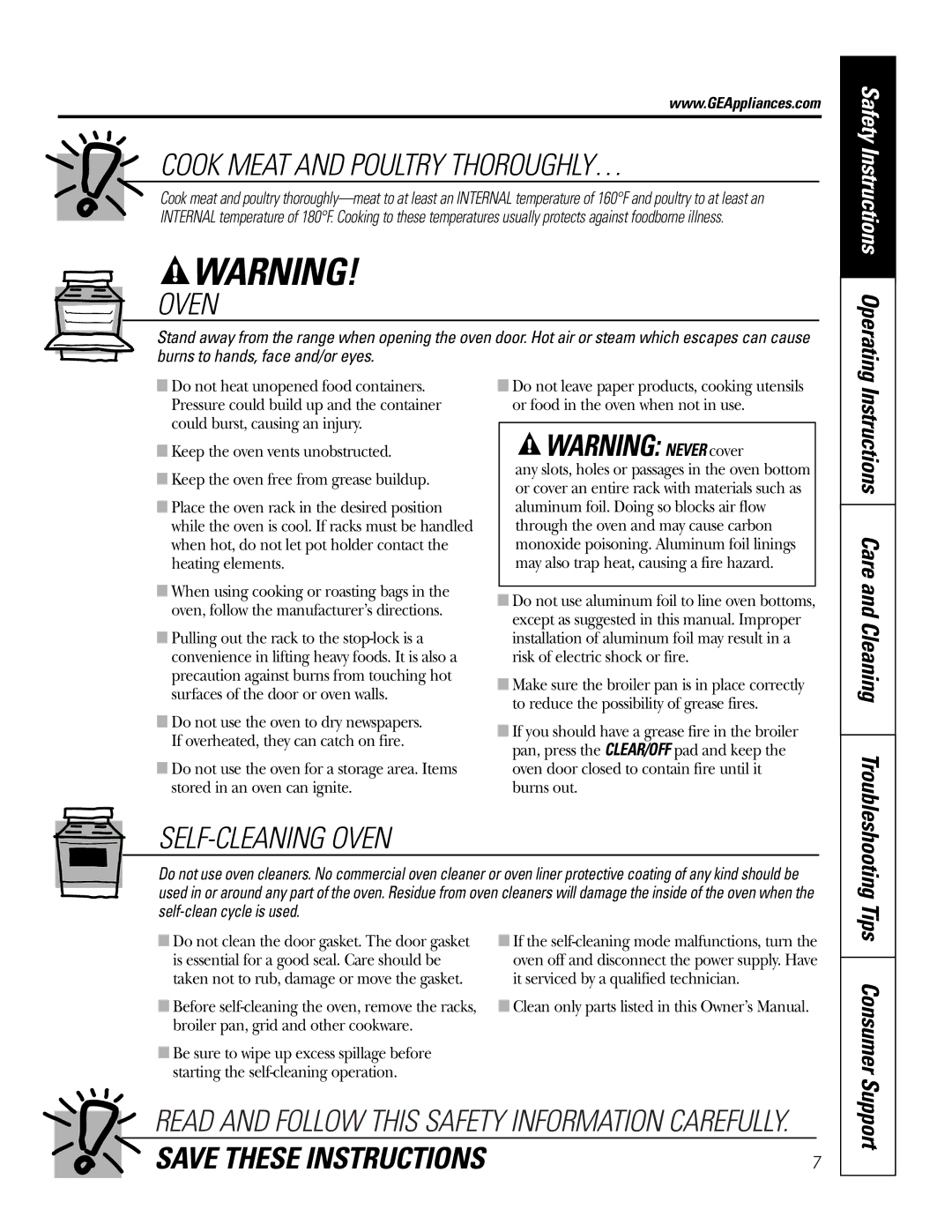 GE JGSP28 owner manual Consumer, Support, Instructions Care and Cleaning Troubleshooting 