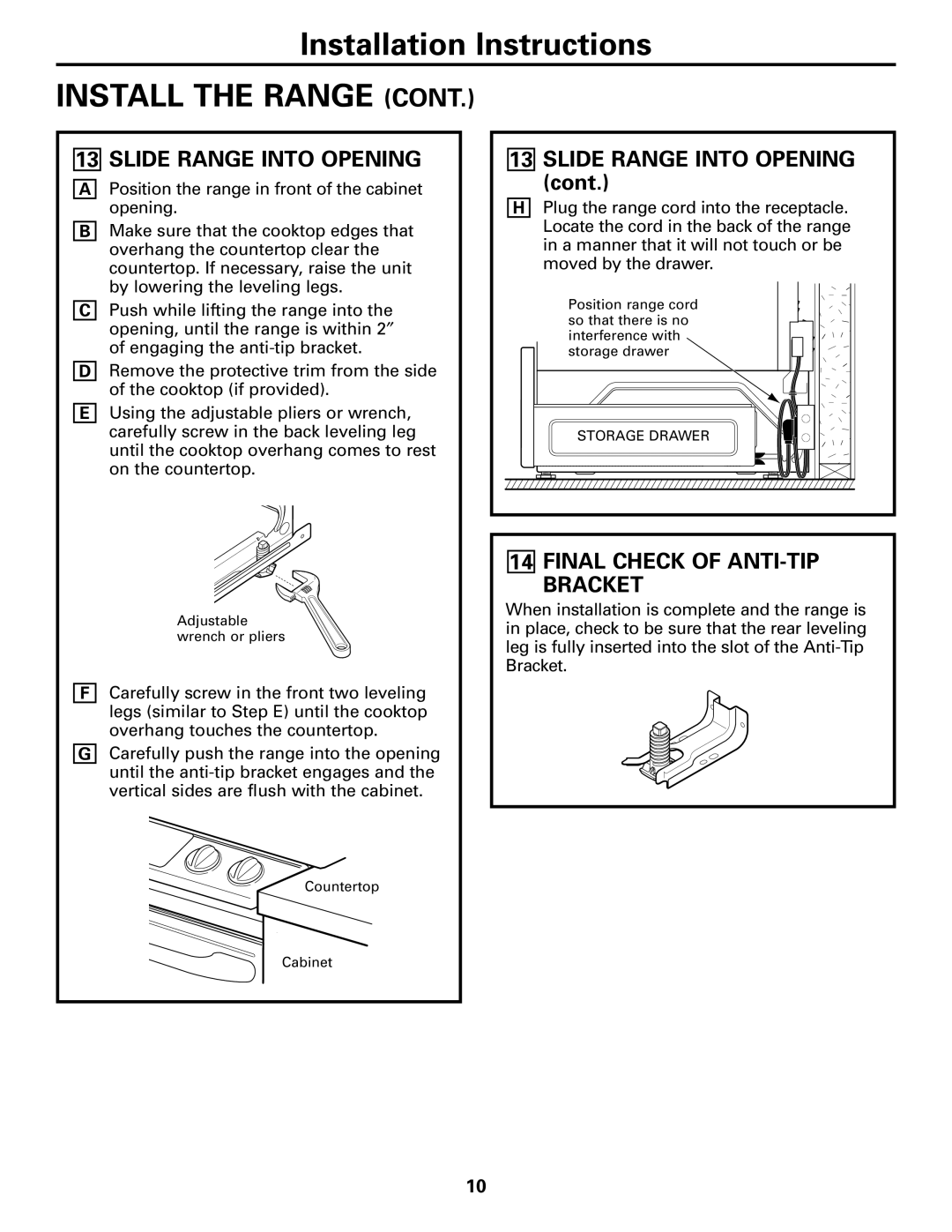 GE JGSP28 warranty Slide Range Into Opening, Final Check of ANTI-TIP Bracket 