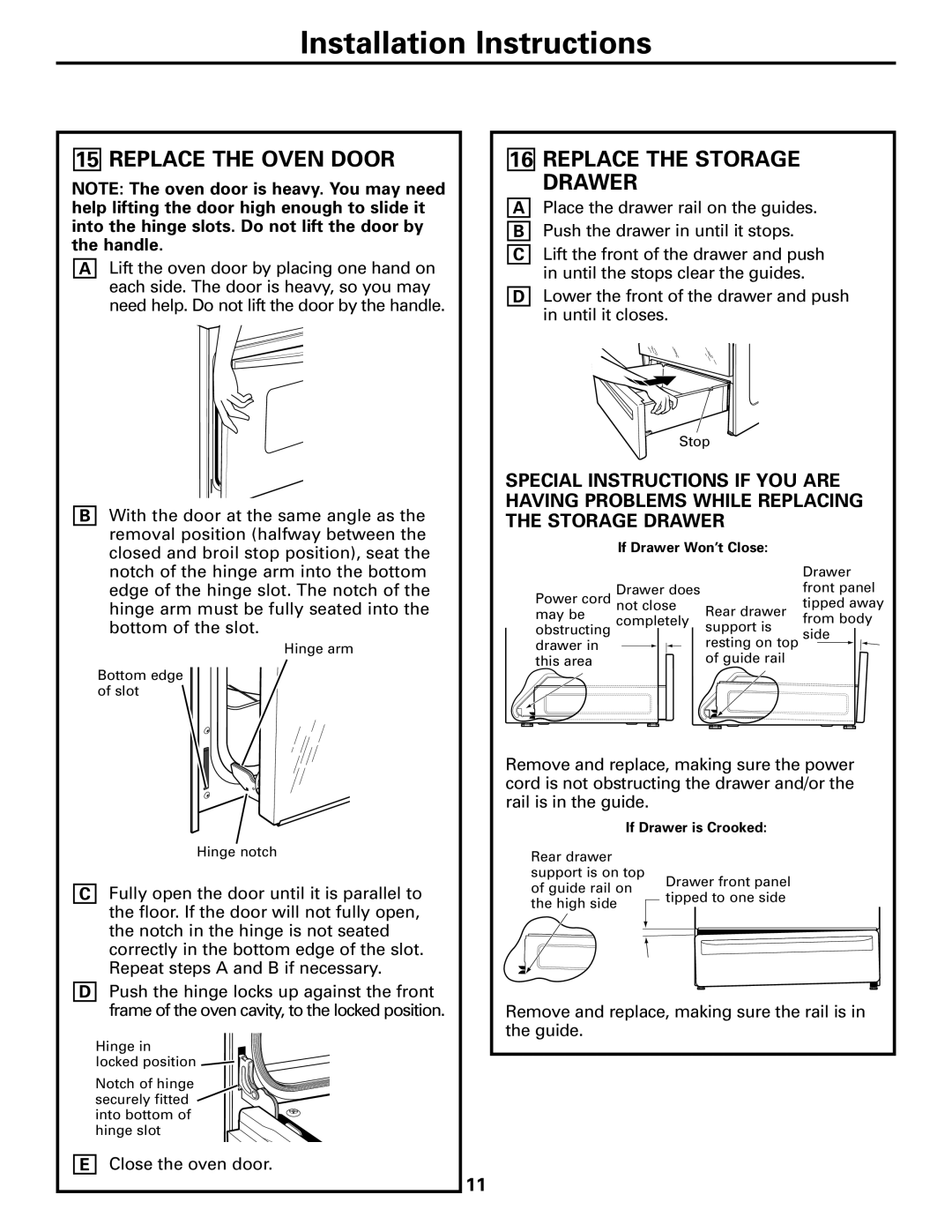 GE JGSP28 warranty Replace the Oven Door, Replace the Storage Drawer 