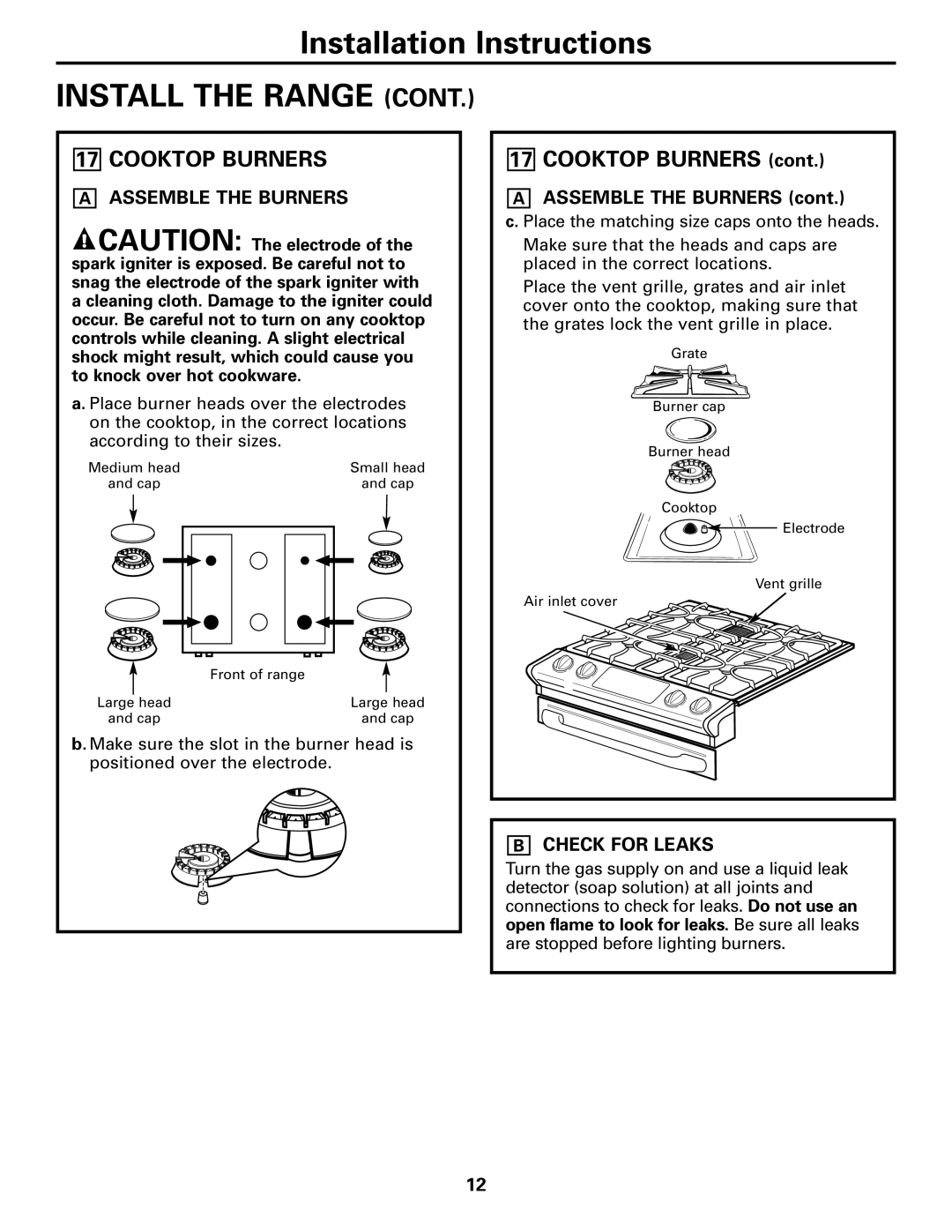 GE JGSP28 warranty Cooktop Burners, Assemble the Burners, Check for Leaks 