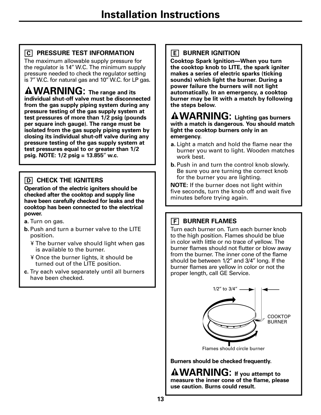 GE JGSP28 warranty Pressure Test Information, Check the Igniters, Burner Ignition, Burner Flames 