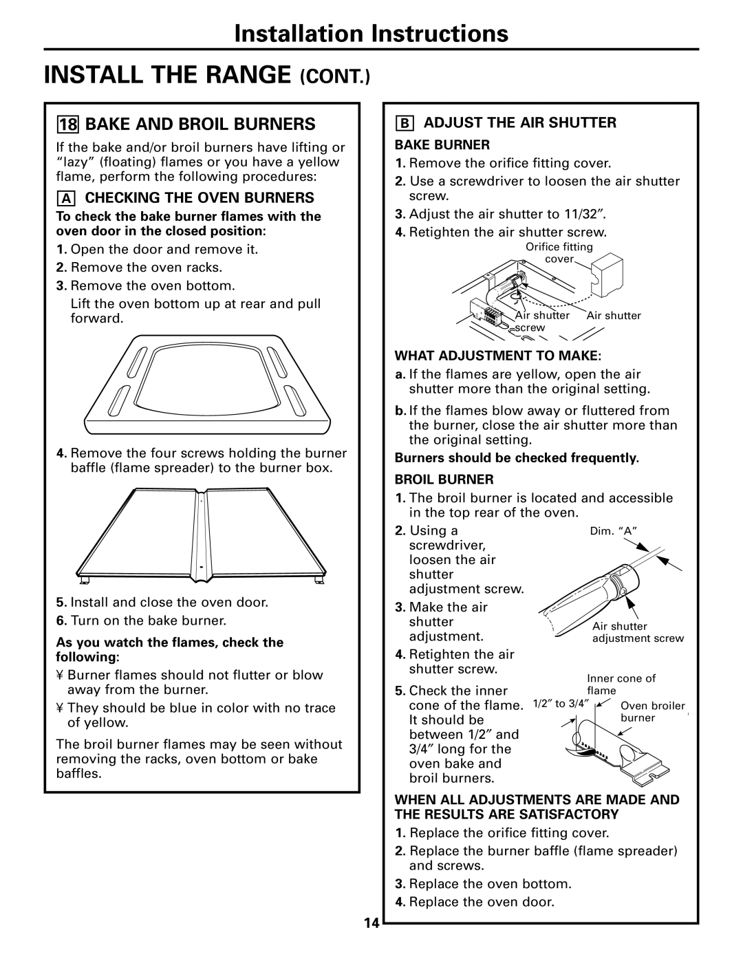 GE JGSP28 warranty Bake and Broil Burners, Checking the Oven Burners, Adjust the AIR Shutter 