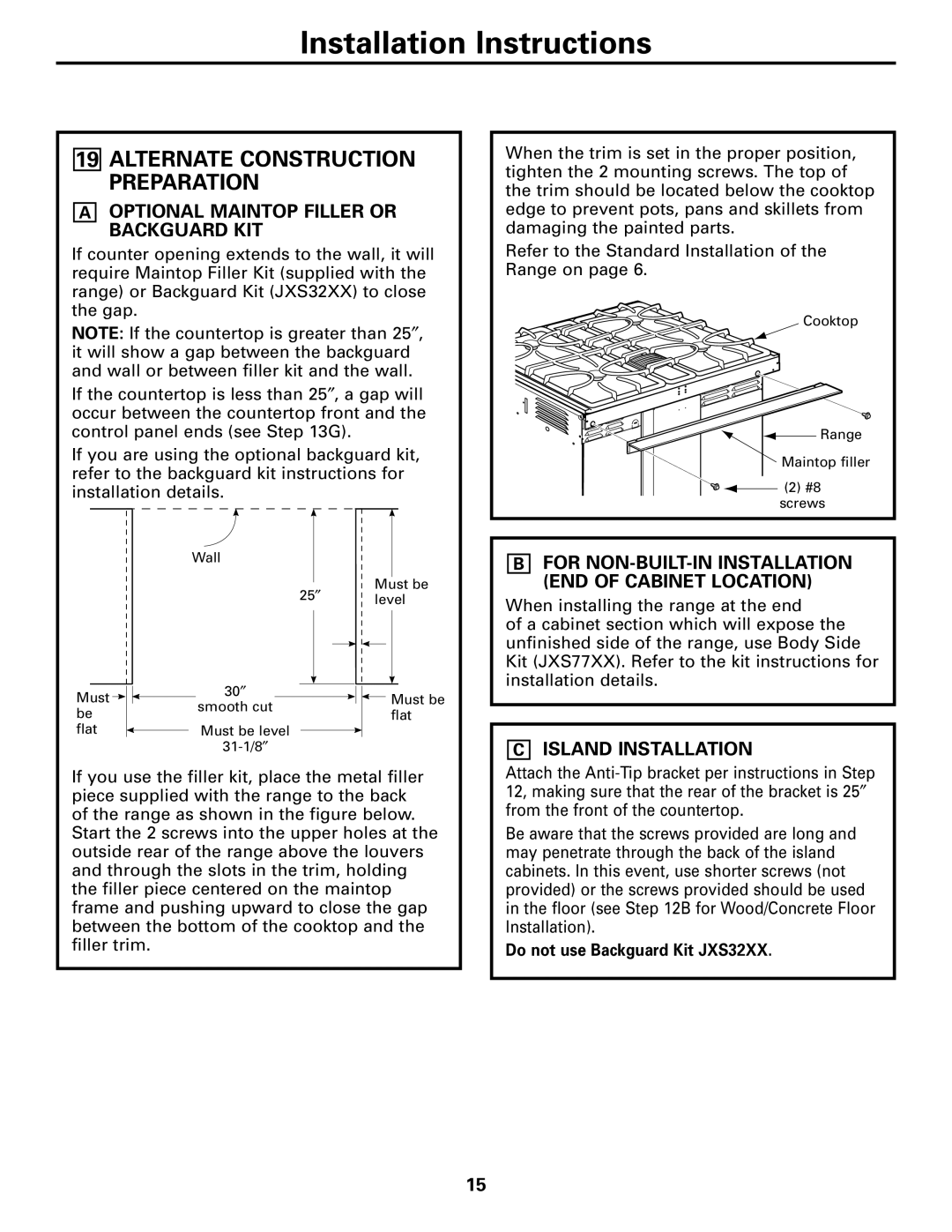 GE JGSP28 warranty Optional Maintop Filler or Backguard KIT, For NON-BUILT-IN Installation END of Cabinet Location 