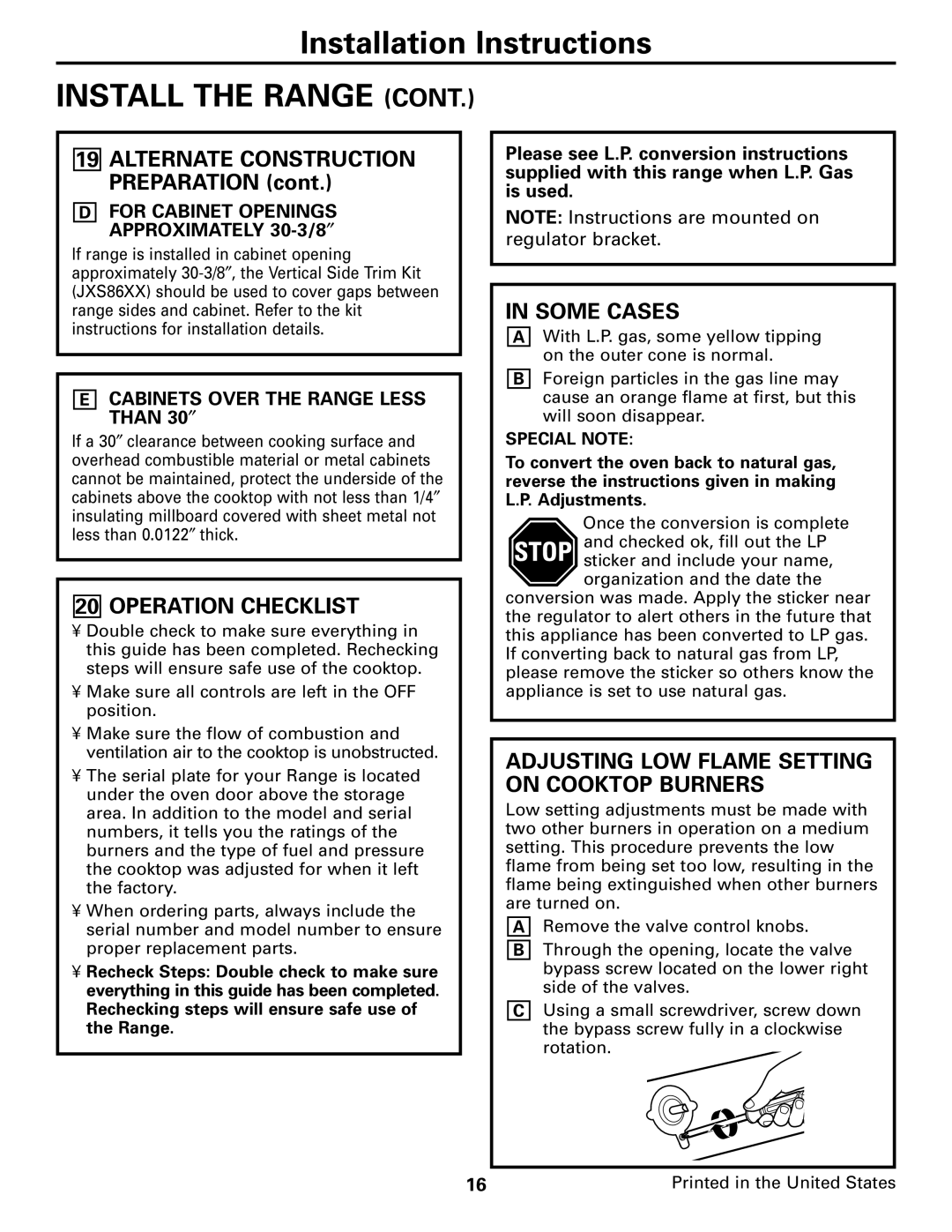 GE JGSP28 warranty Operation Checklist, Some Cases, Adjusting LOW Flame Setting on Cooktop Burners 