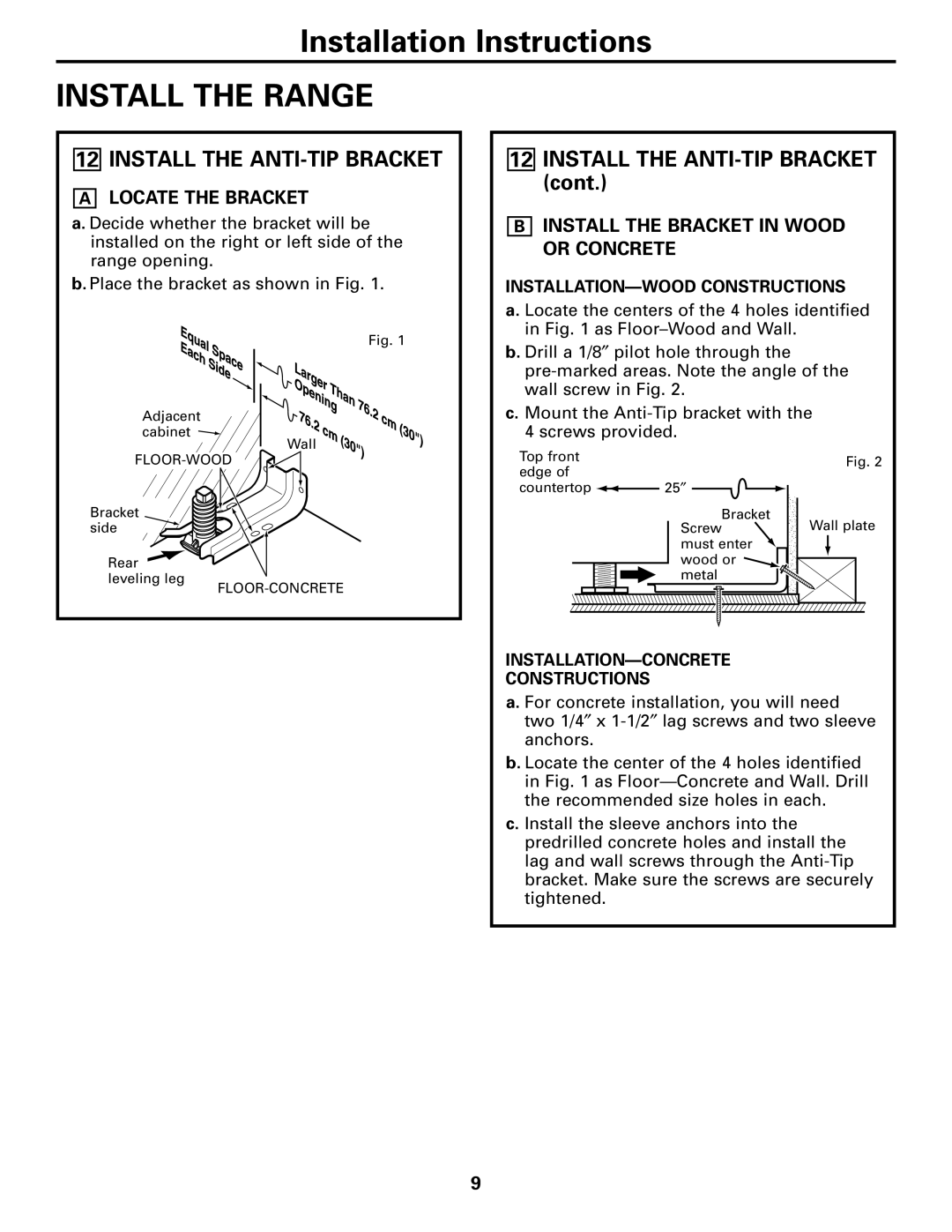 GE JGSP28 Install the Range, Install the ANTI-TIP Bracket, Locate the Bracket, Install the Bracket in Wood or Concrete 