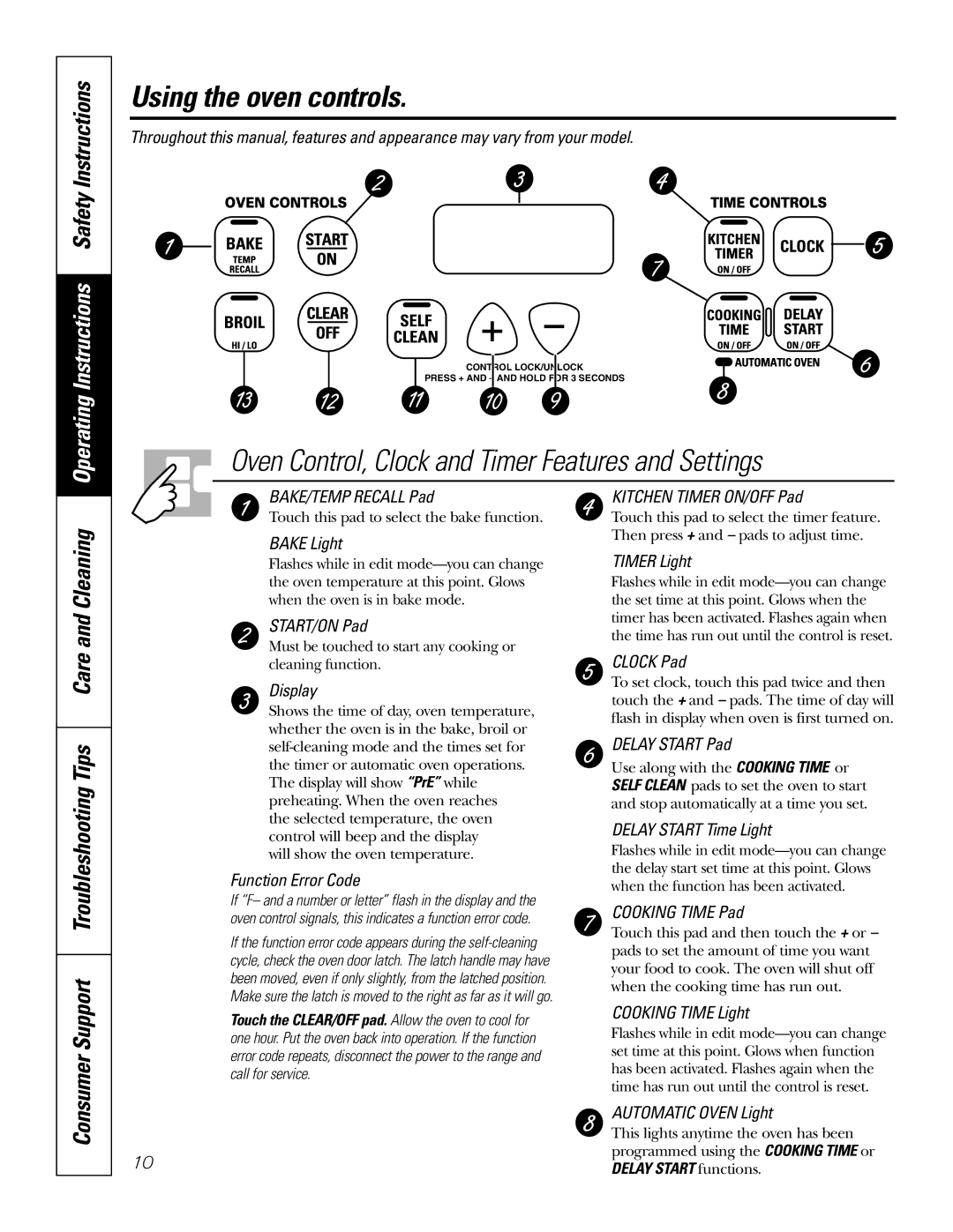 GE JGSP28 Using the oven controls, Troubleshooting Tips Care and Cleaning, Consumer Support, Delay Start functions 