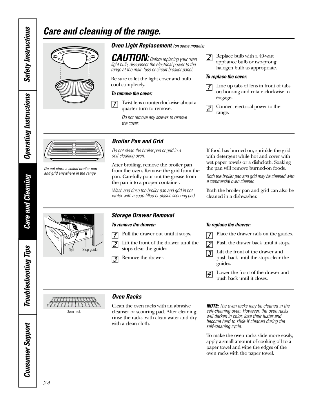 GE JGSP28 owner manual Troubleshooting Tips, Broiler Pan and Grid, Oven Racks 