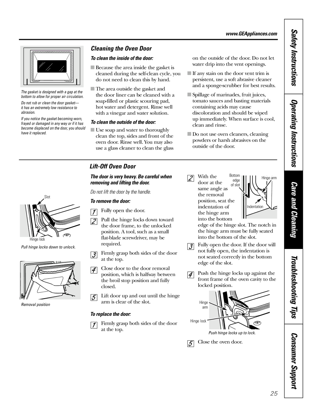 GE JGSP28 owner manual Instructions Operating Instructions, Cleaning the Oven Door, Lift-Off Oven Door 