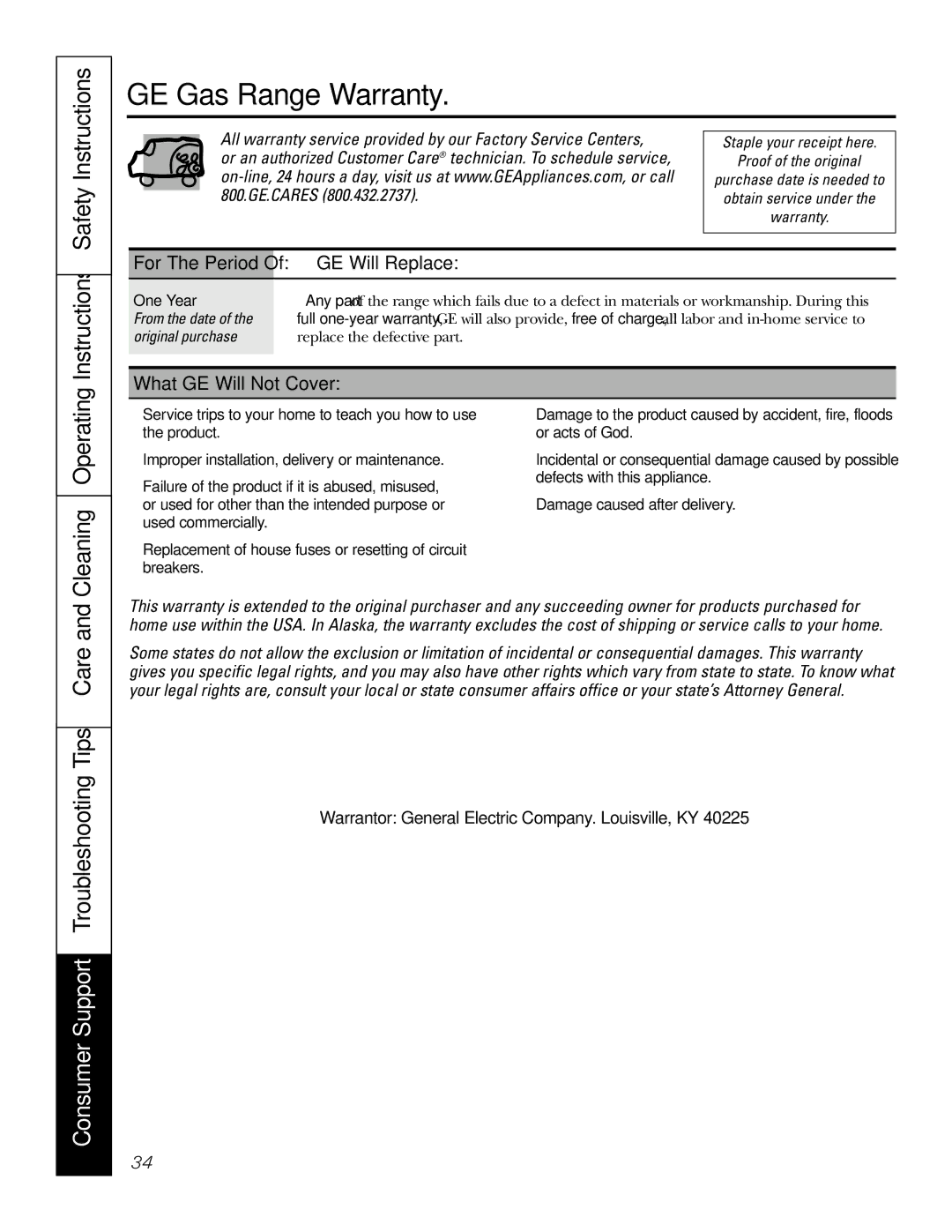 GE JGSP28 owner manual GE Gas Range Warranty, Instructions Safety Instructions, GE Will Replace, What GE Will Not Cover 