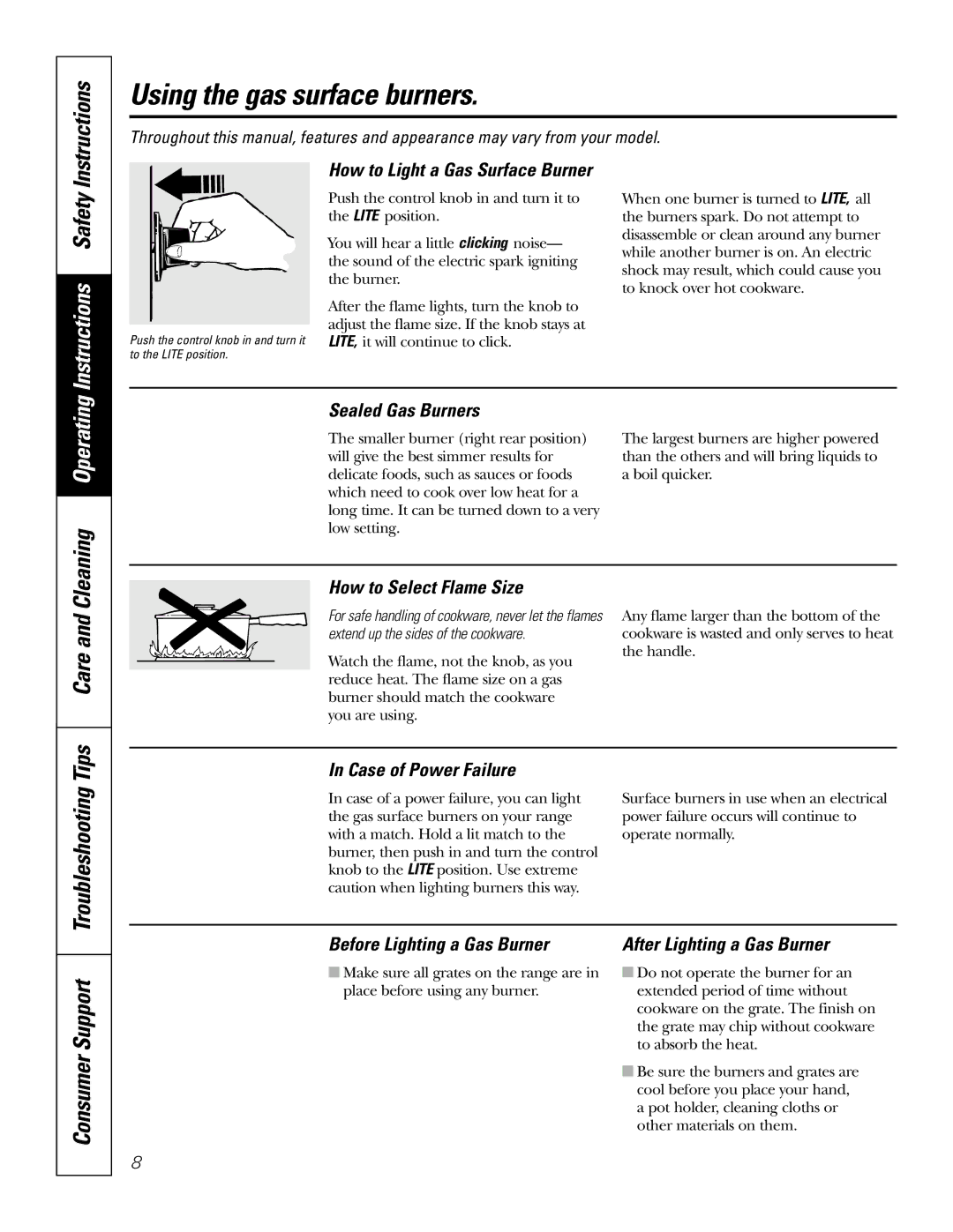 GE JGSP28 owner manual Using the gas surface burners, Instructions, Care, Consumer Support 