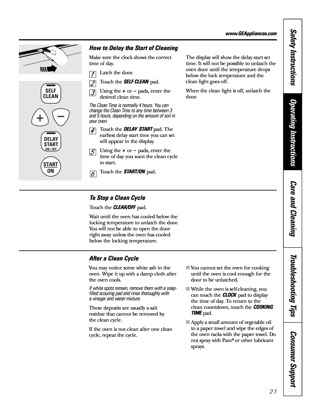 GE JGSP28 Instructions Operating Instructions Care, Troubleshooting Tips Consumer Support, To Stop a Clean Cycle 