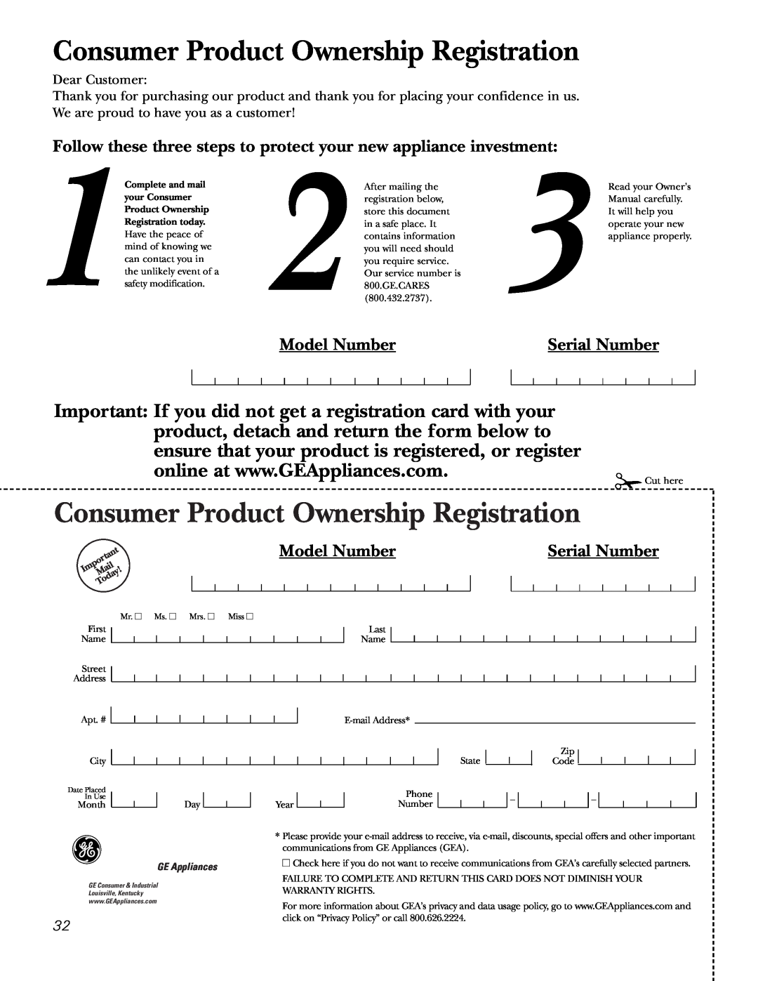 GE JGSP28 Consumer Product Ownership Registration, Model Number, Serial Number, Complete and mail, your Consumer 