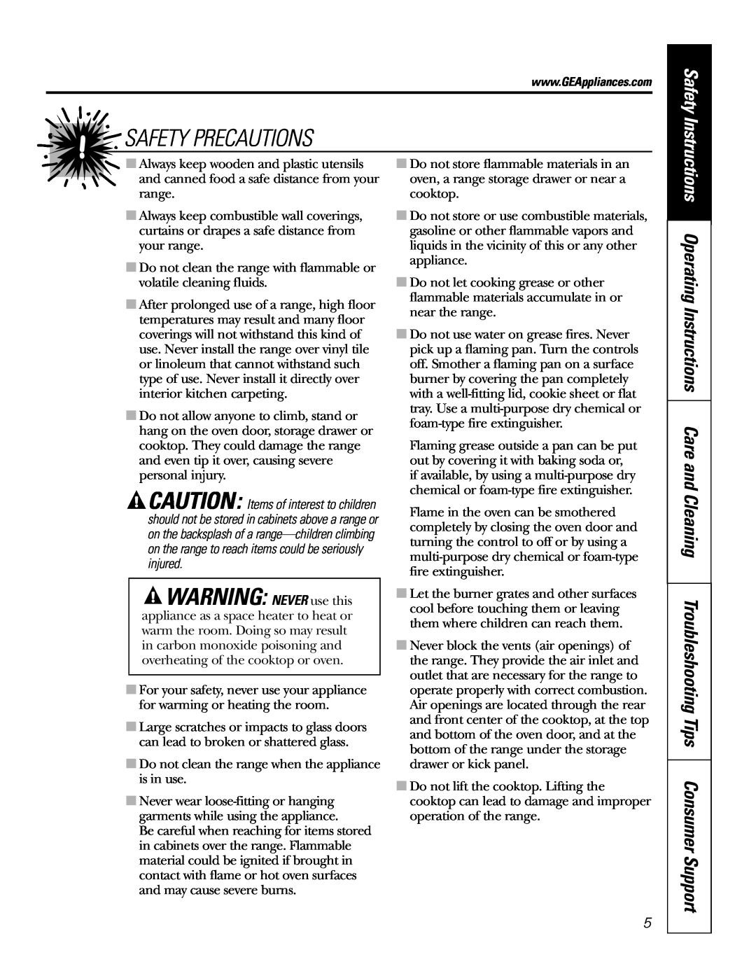 GE JGSP28 owner manual WARNING: NEVER use this, Safety Precautions 