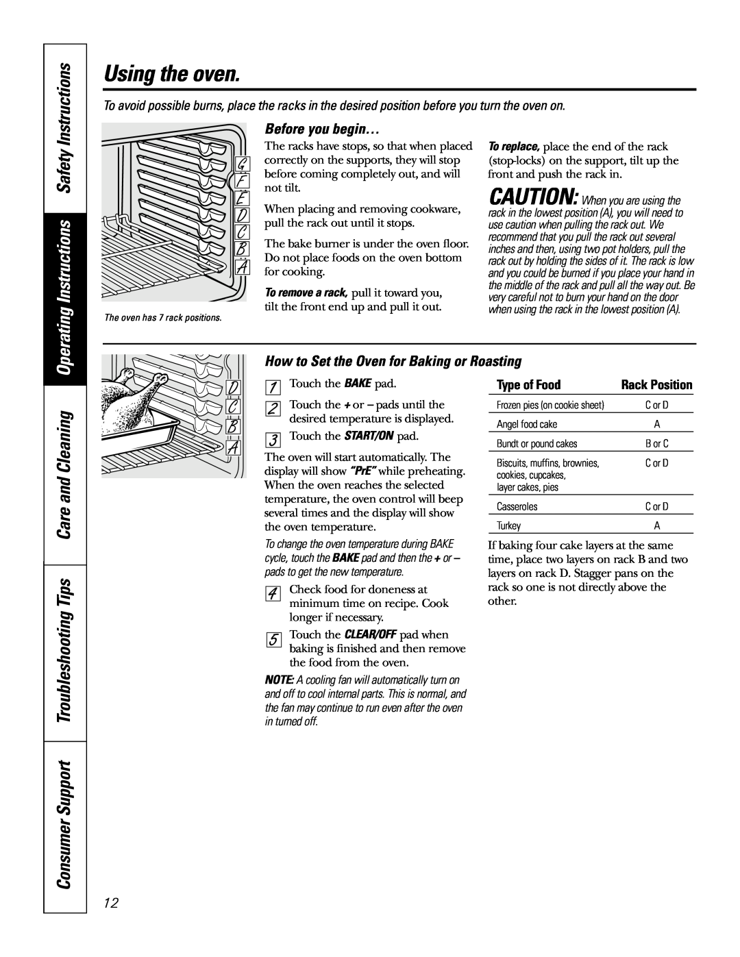 GE JGSP28 Using the oven, Operating Instructions Safety, Before you begin…, How to Set the Oven for Baking or Roasting 