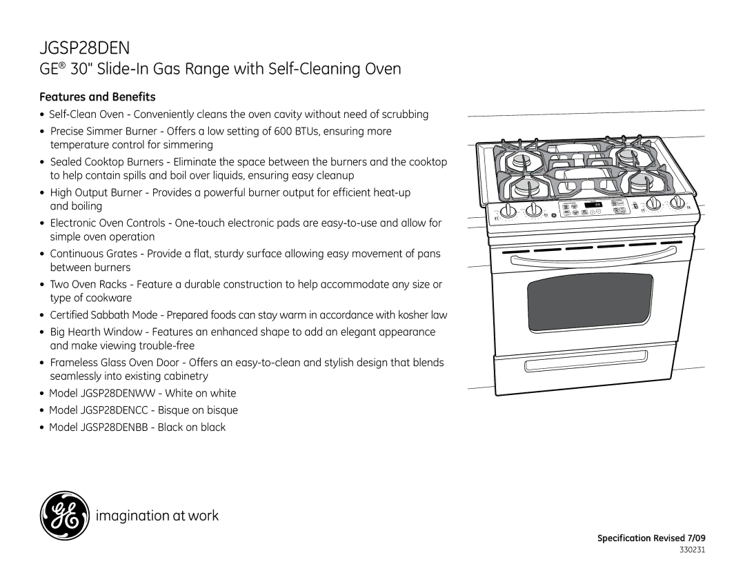 GE JGSP28DENCC, JGSP28DENBB, JGSP28DENWW GE 30 Slide-In Gas Range with Self-Cleaning Oven, Features and Benefits 