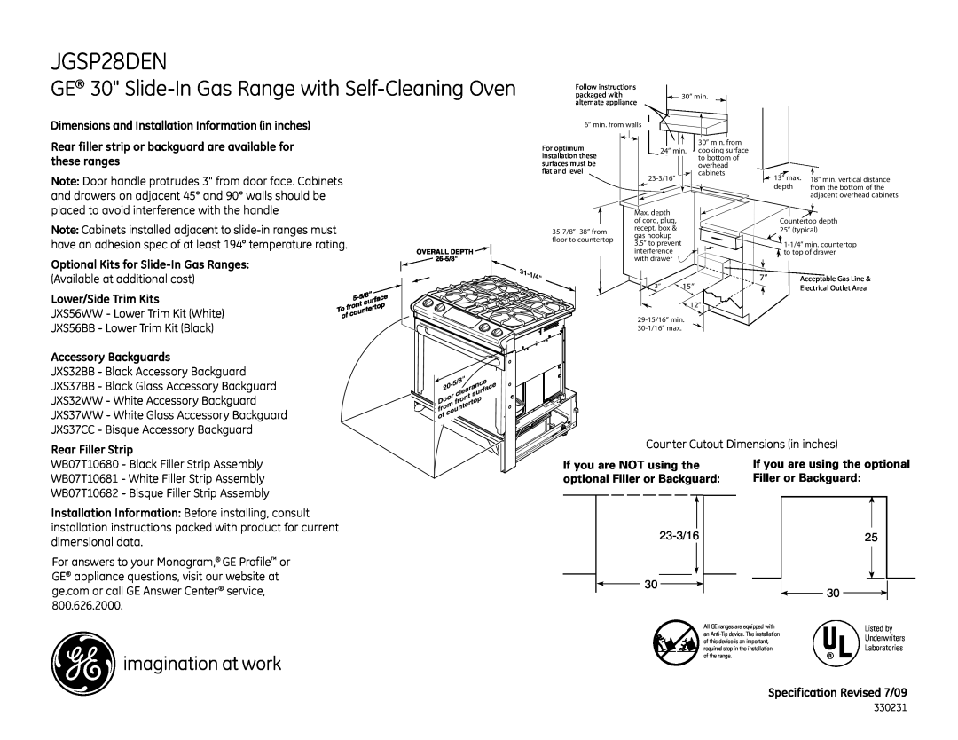 GE JGSP28DENWW, JGSP28DENBB, JGSP28DENCC installation instructions GE 30 Slide-In Gas Range with Self-Cleaning Oven 