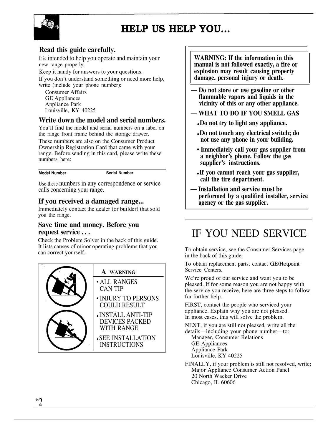 GE JGSP30, JGSP31, JGSP40 manual If YOU Need Service, Read this guide carefully, Write down the model and serial numbers 