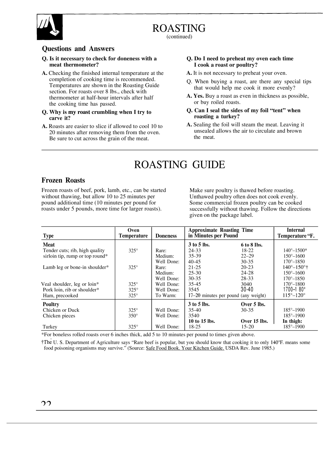 GE JGSP40, JGSP31, JGSP30 manual Roasting Guide, Questions and Answers, Frozen Roasts 