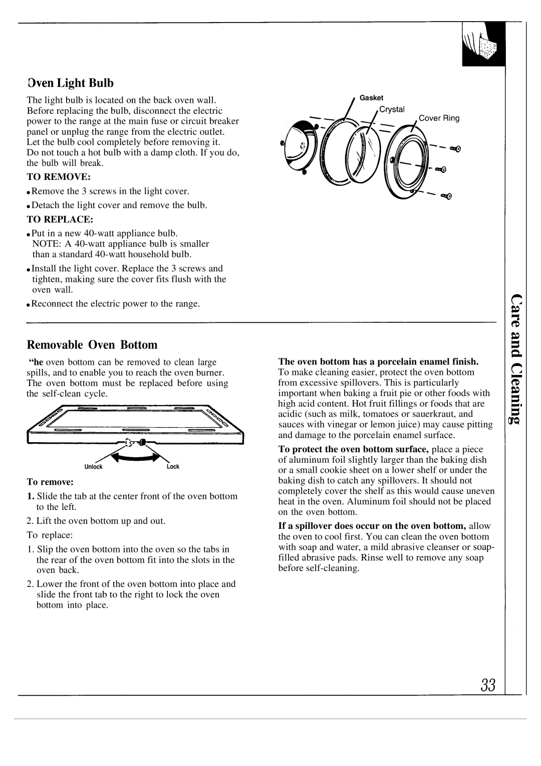 GE JGSP31, JGSP40, JGSP30 manual Dven Light Bulb, Removable Oven Bottom, To remove 