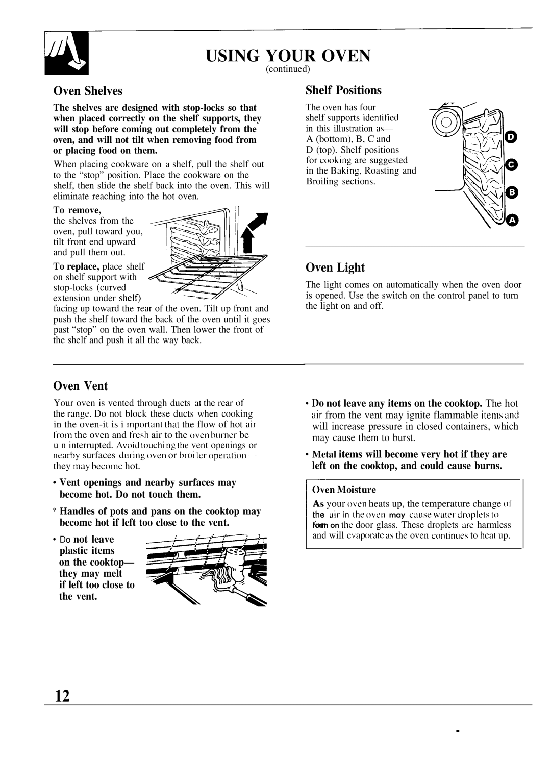 GE JGSP31GER, JGSP40AES, JGSP30GER manual Oven Shelves, Shelf Positions, Oven Light, Oven Vent 