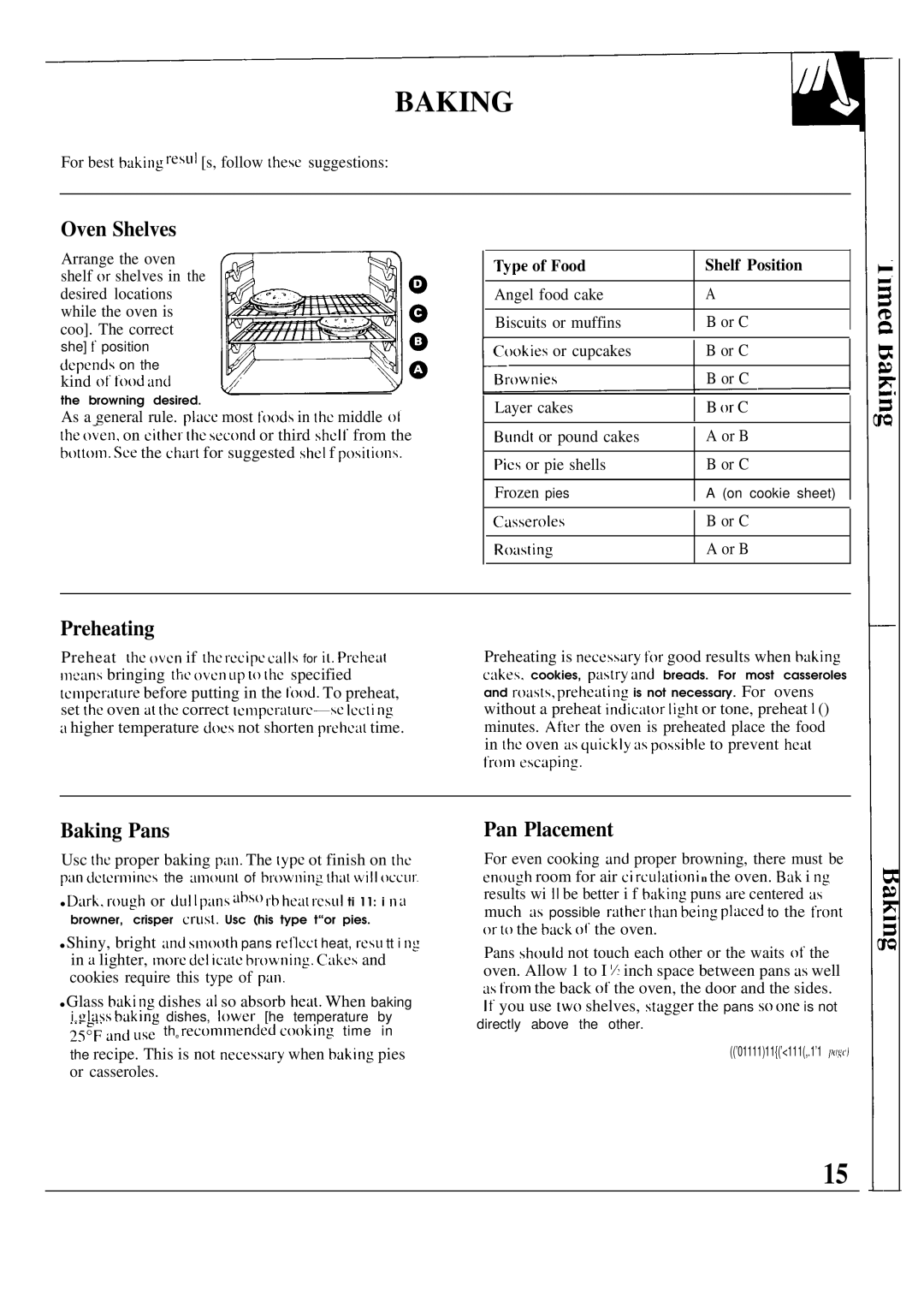 GE JGSP31GER, JGSP40AES, JGSP30GER manual Preheating, Baking Pans, Pan Placement, ~pe of Food Shelf Position 