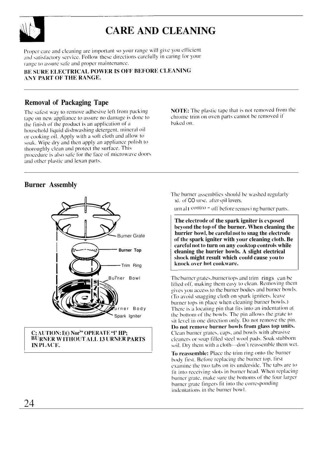 GE JGSP31GER, JGSP40AES, JGSP30GER manual Removal of Packaging Tape Burner Assembly, Ld. ot CO LIISC, I1’ter spit lovers 