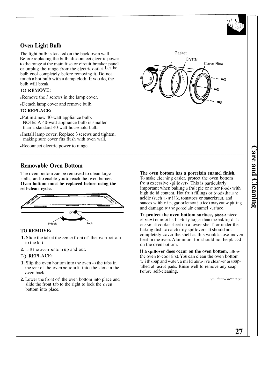 GE JGSP31GER, JGSP40AES, JGSP30GER manual Oven Light Bulb, Removable Oven Bottom 