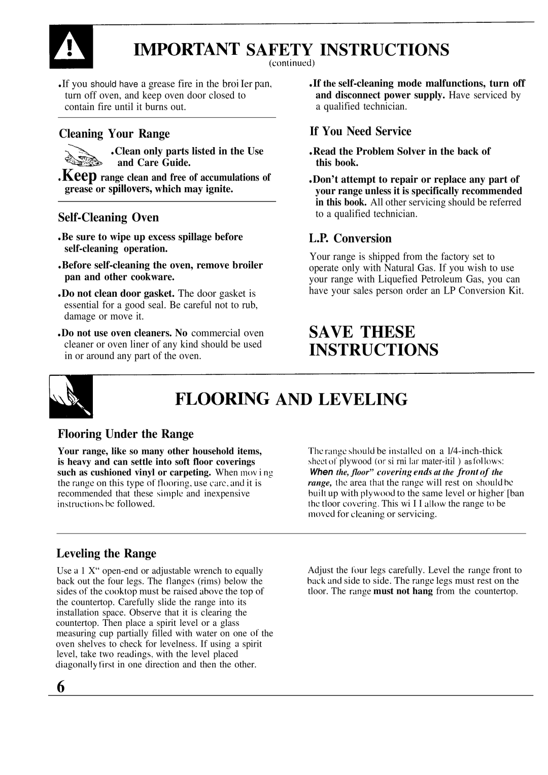 GE JGSP31GER, JGSP40AES, JGSP30GER manual ~PORTANT Safety Instructions, Save These Instructions FLOO~G and Leveling 