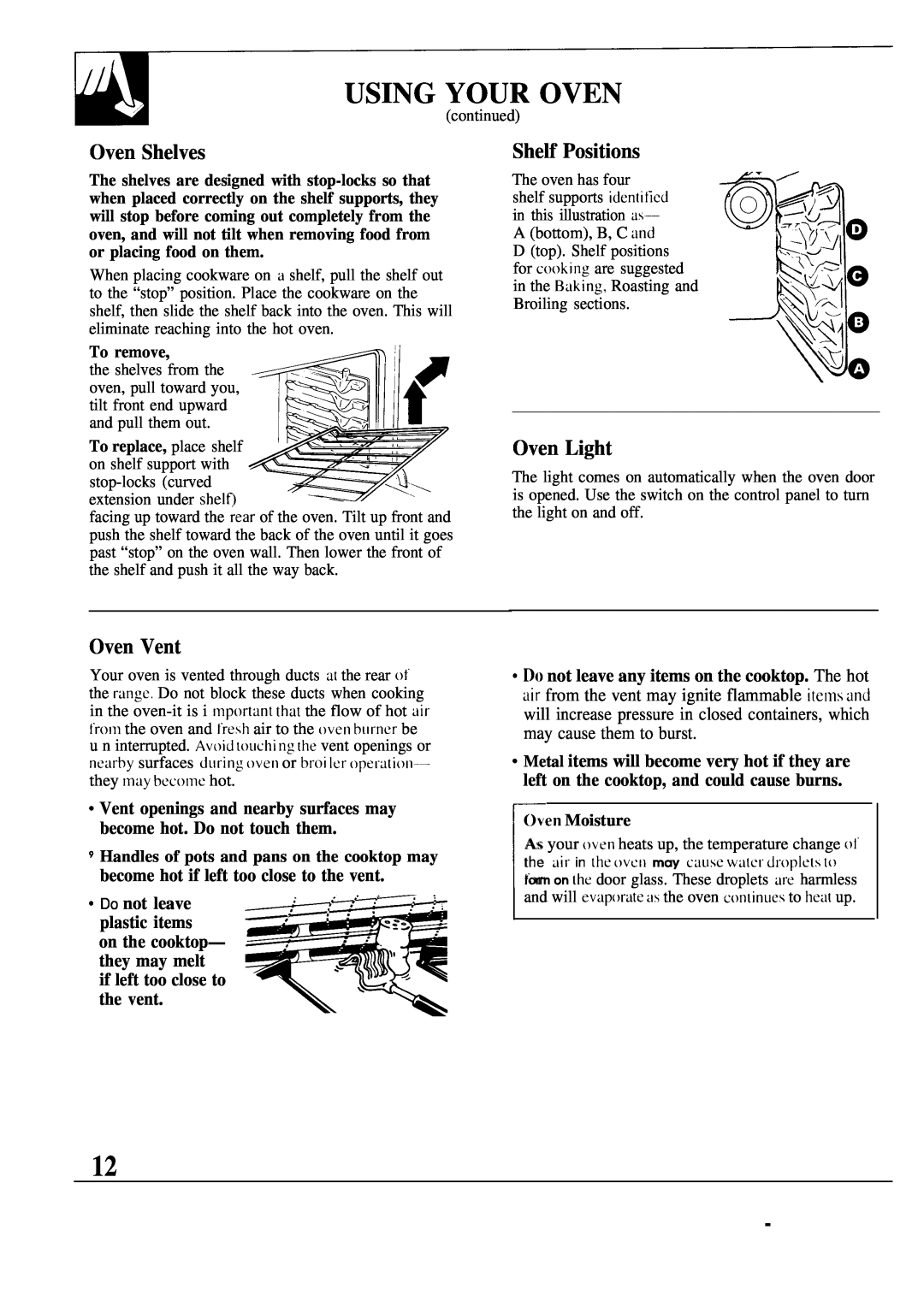 GE JGSP31GER, JGSP40AES, JGSP30GER manual Oven Shelves, Shelf Positions, Oven Light, Oven Vent, Using Your Oven 