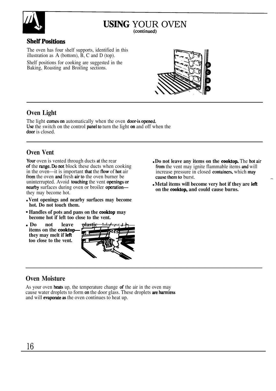 GE JGSP32, JGSP33 manual USmG Your Oven, SheKPositions, Oven Light, Oven Vent, Oven Moisture 