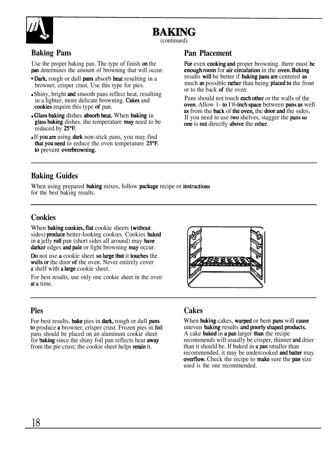 GE JGSP32, JGSP33 manual Baking Pans, Pan Placement, Baking Guides, Cookies, Pies, Cakes 