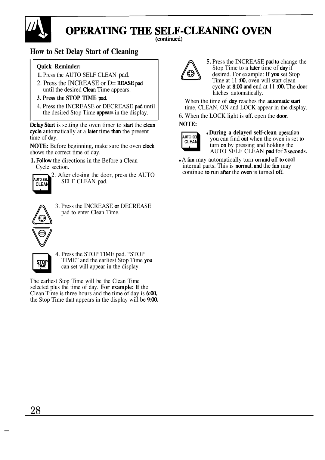 GE JGSP32, JGSP33 manual Opemt~G T~ Self-Clea~G Own, How to Set Delay Start of Cleaning, Press the Stop Time pad 