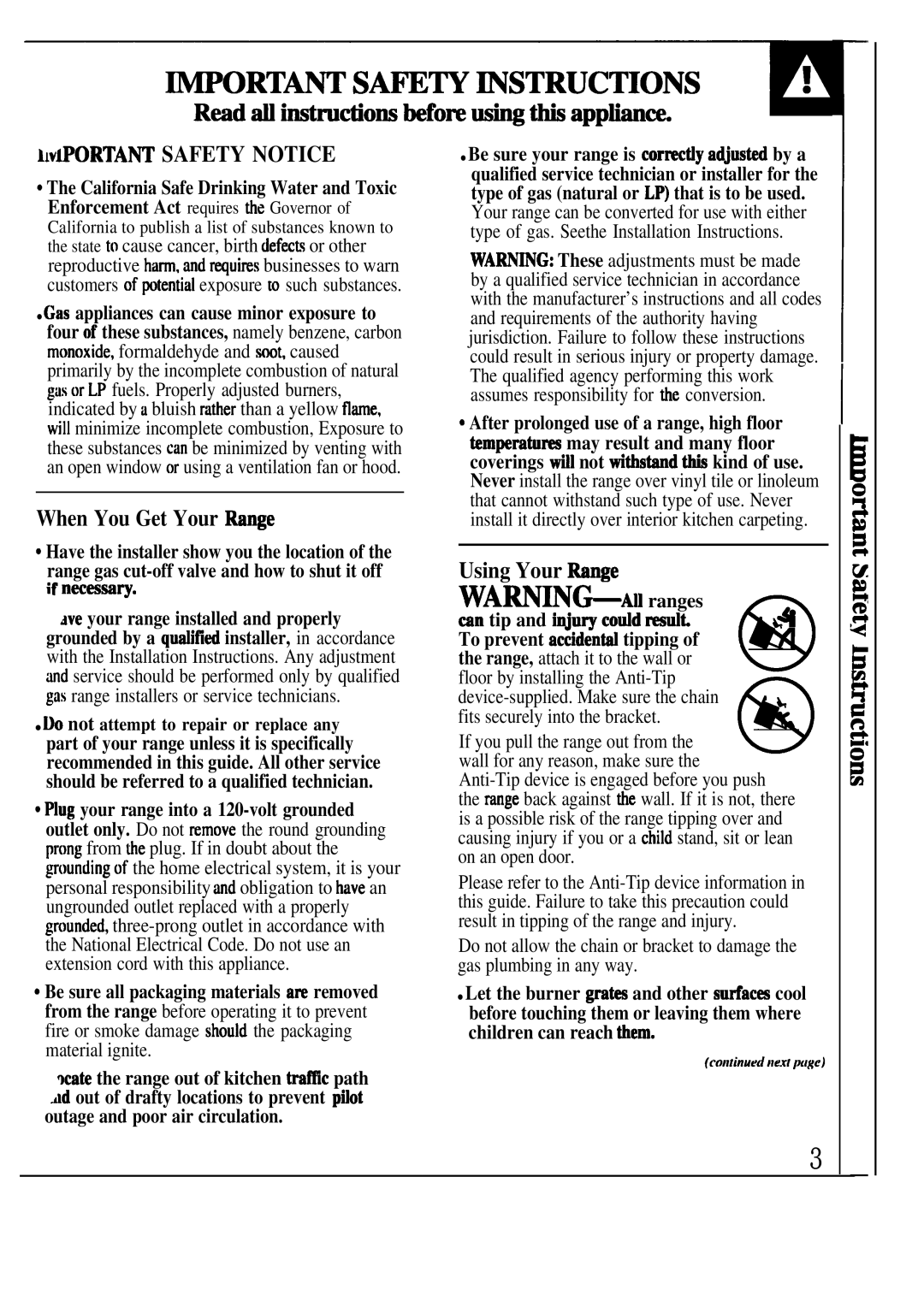 GE JGSP33, JGSP32 manual ~lvlPORTANT Safety Notice, When You Get Your ~nge, Using Your Mnge, On an open door 