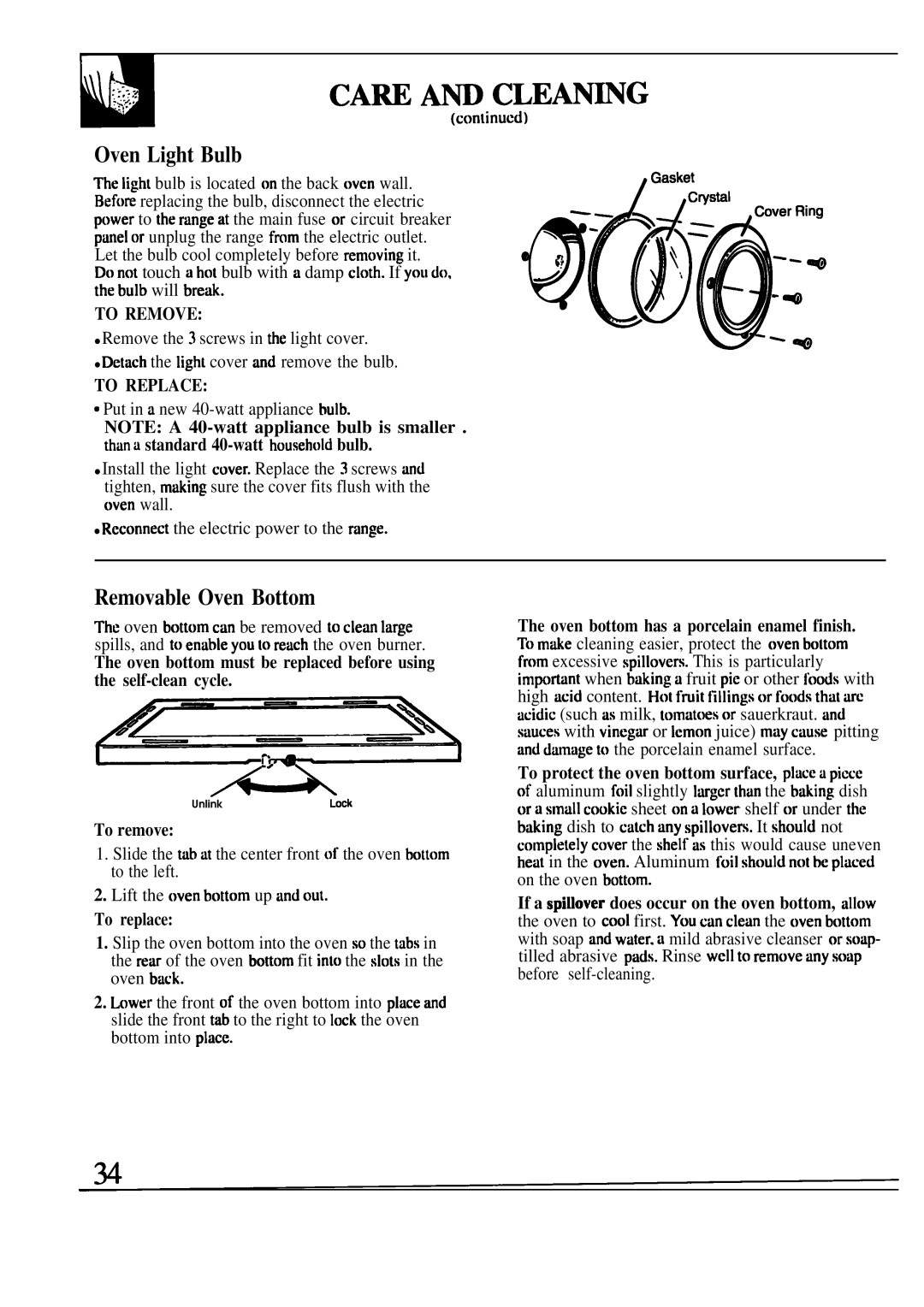 GE JGSP32, JGSP33 manual CA~ Am CLEANmG, Oven Light Bulb, Removable Oven Bottom, To remove, To replace 