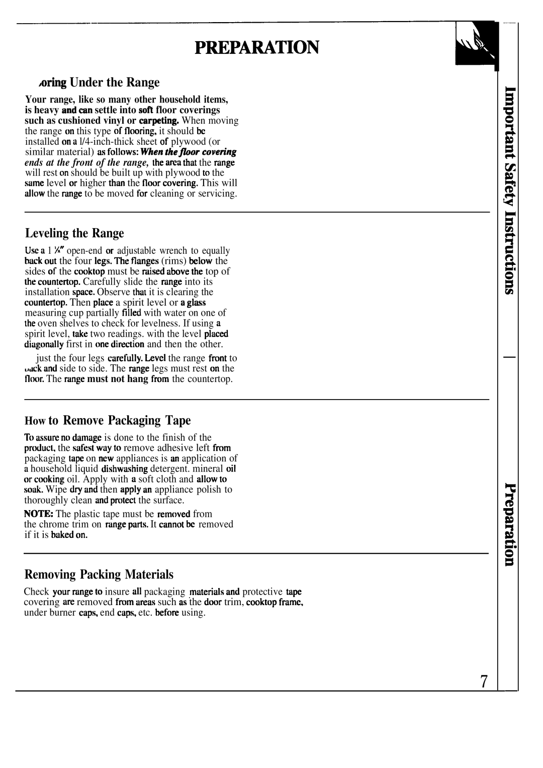 GE JGSP33 Pmpamtion, ~oring Under the Range, Leveling the Range, How to Remove Packaging Tape, Removing Packing Materials 