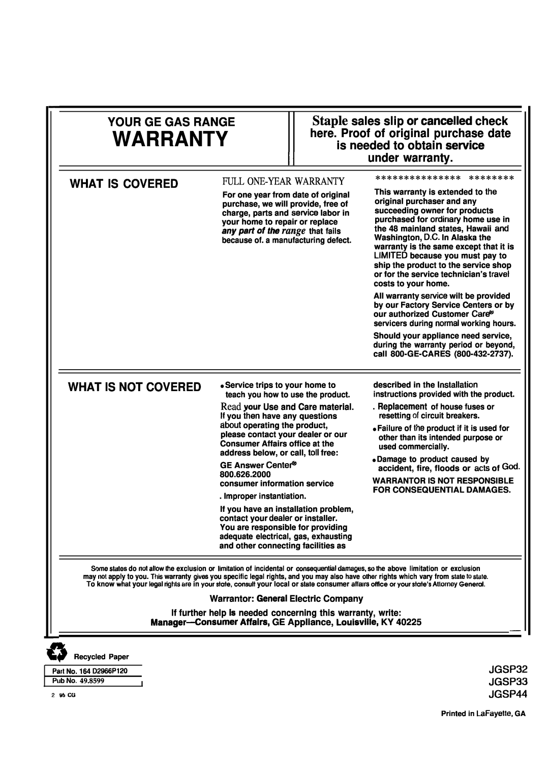 GE JGSP32 Warranty, Your Ge Gas Range, Staple sales slip or cancelled check, here. Proof of original purchase date, JGSP33 