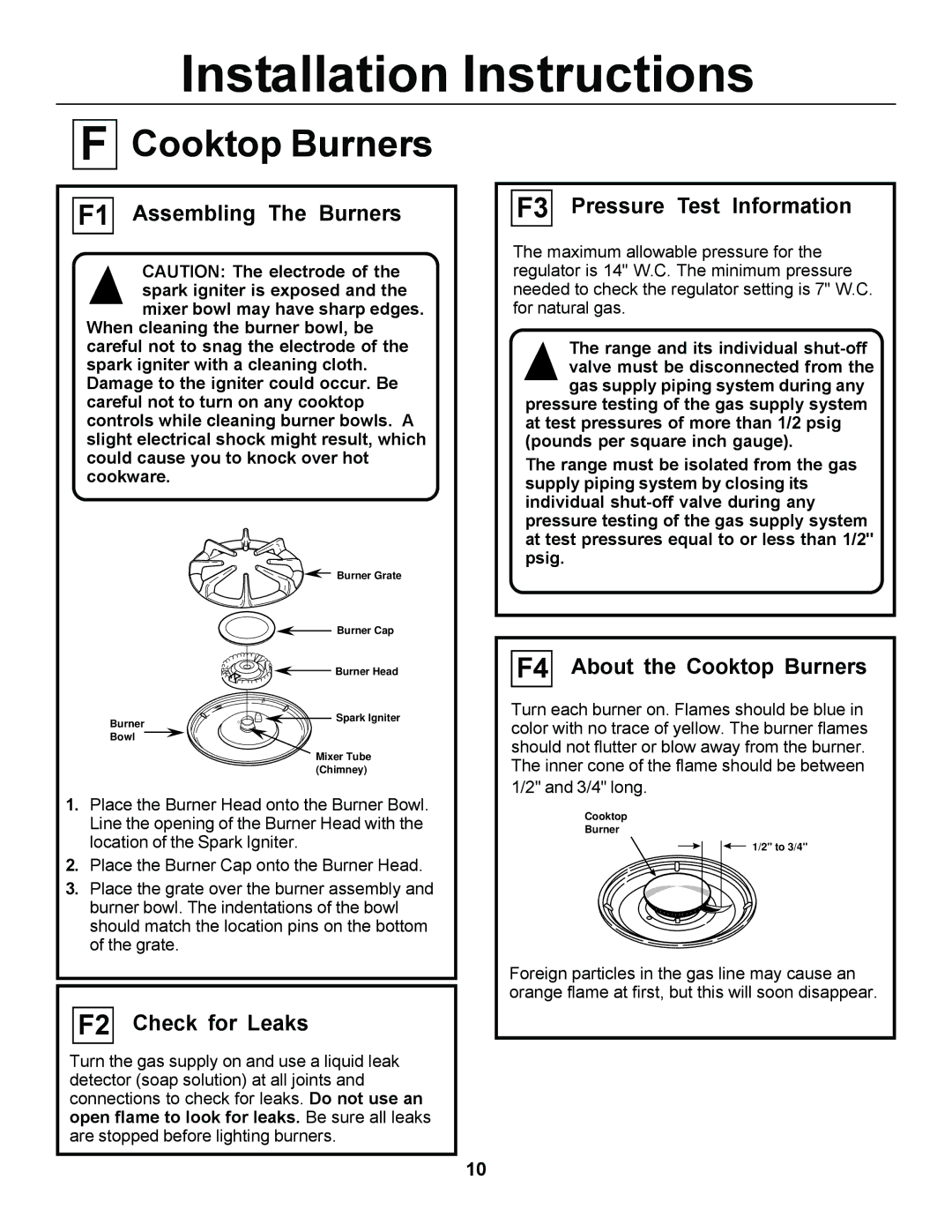 GE JGSP44 manual F1 Assembling The Burners, F3 Pressure Test Information, F4 About the Cooktop Burners, F2 Check for Leaks 