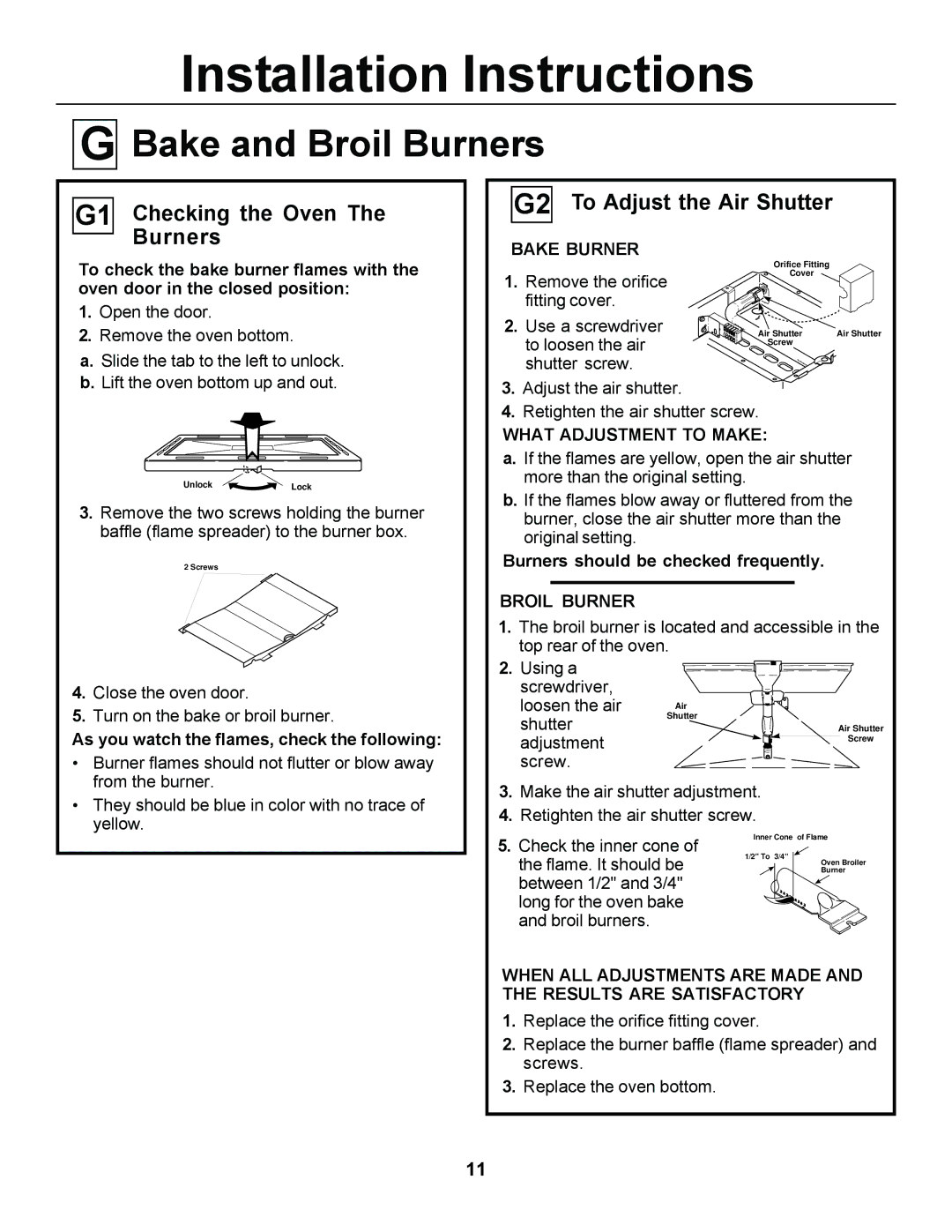 GE JGSP23, JGSP44 manual Bake and Broil Burners, G1 CheckingBurners the Oven G2 To Adjust the Air Shutter 