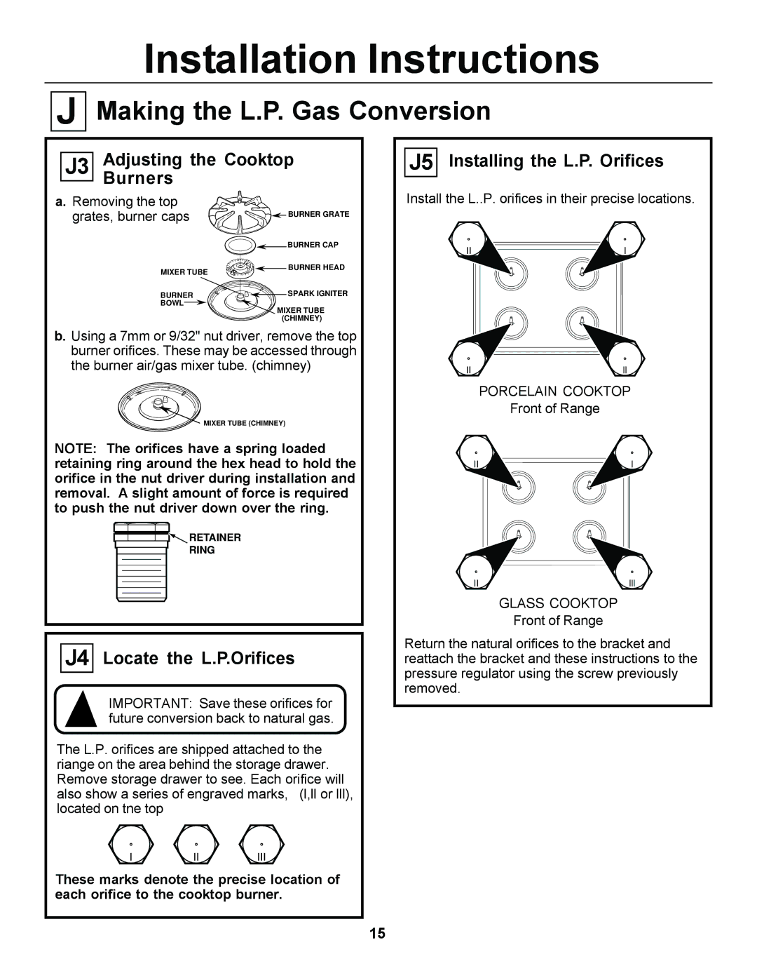 GE JGSP23, JGSP44 manual J4 Locate the L.P.Orifices, Removing the top grates, burner caps 