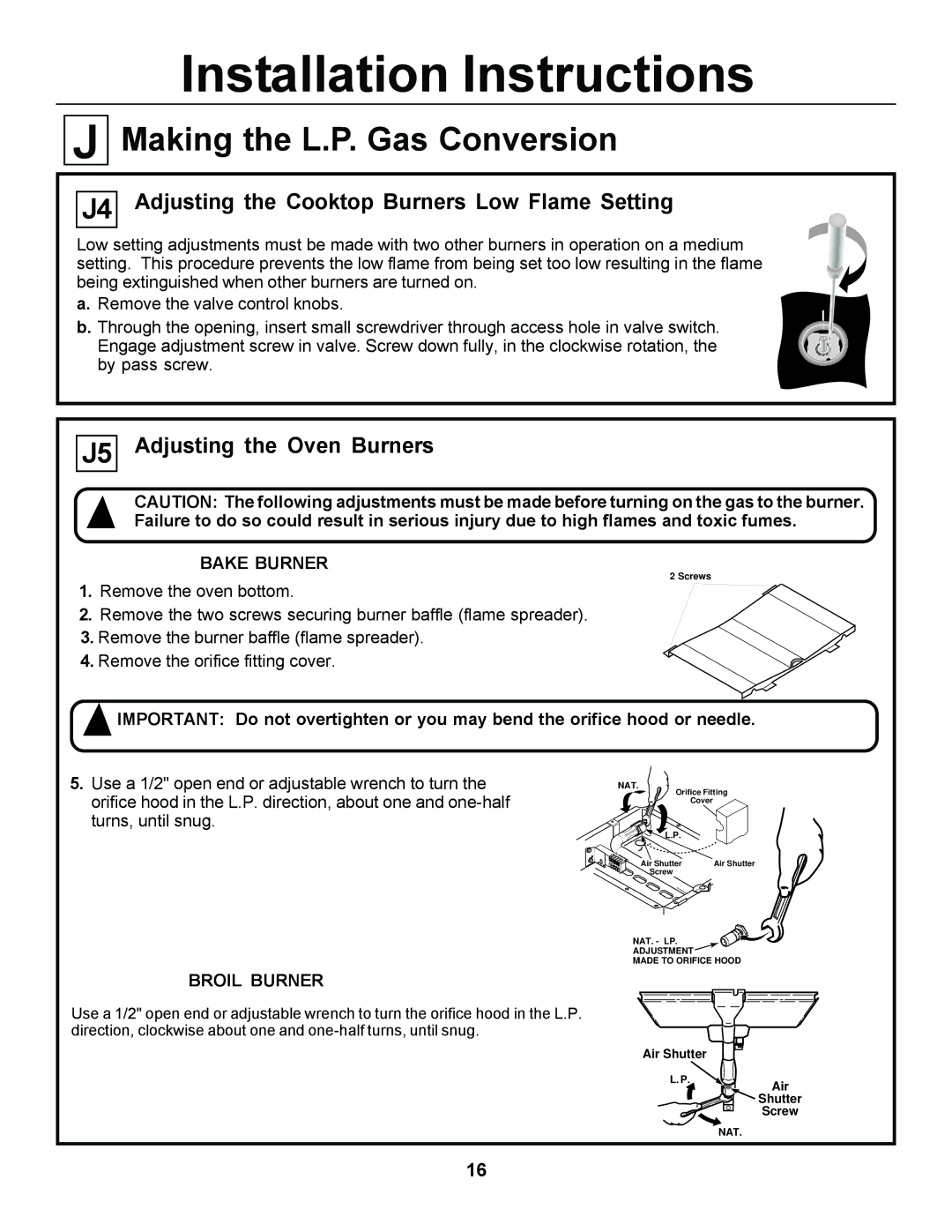 GE JGSP44, JGSP23 manual Adjusting the Cooktop Burners Low Flame Setting, Adjusting the Oven Burners 