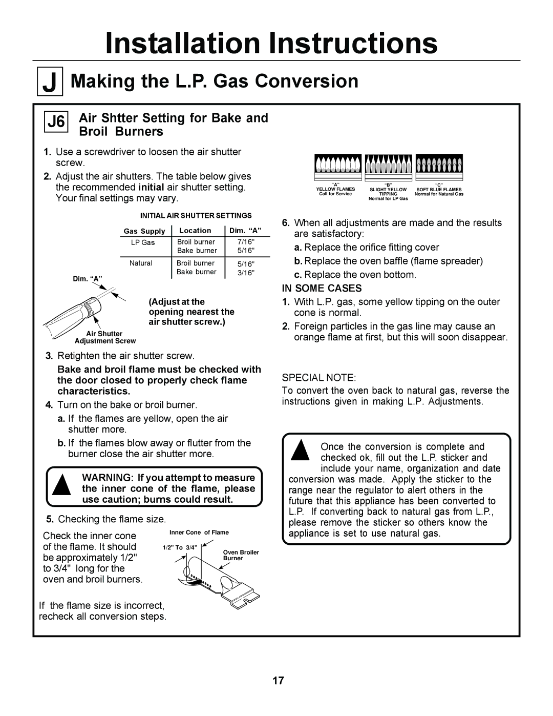 GE JGSP23, JGSP44 manual Air Shtter Setting for Bake and Broil Burners, Some Cases 