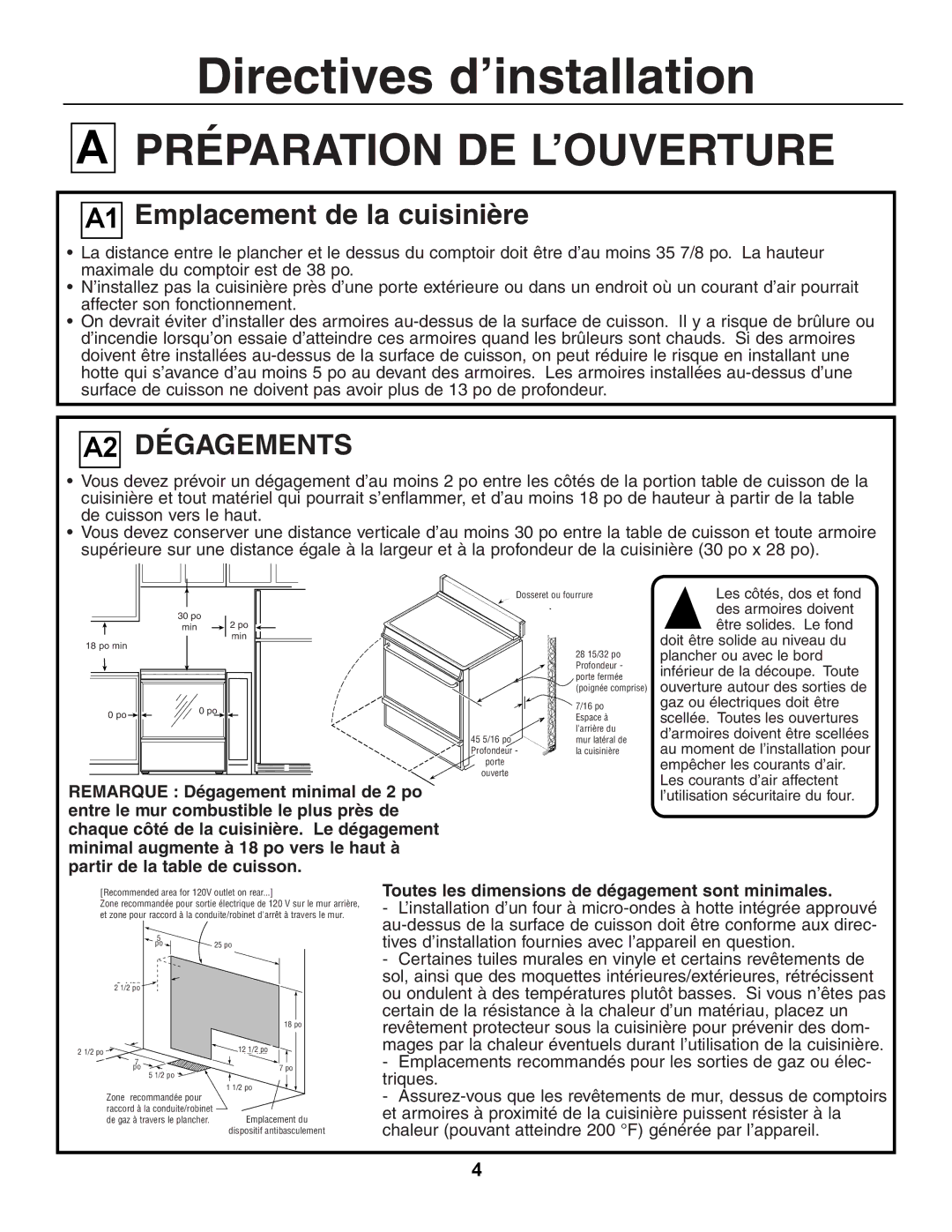 GE JGSP23, JGSP44 manual Emplacement de la cuisinière 