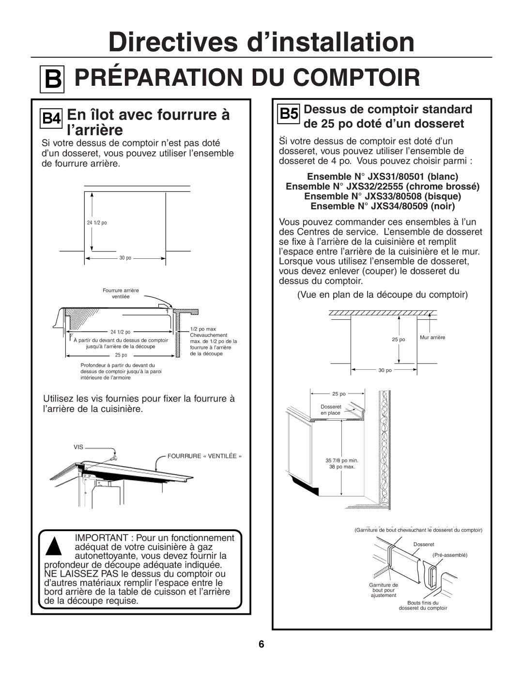 GE JGSP23, JGSP44 manual ’arrière, Ensemble N JXS31/80501 blanc, Ensemble N JXS34/80509 noir, Dessus du comptoir 