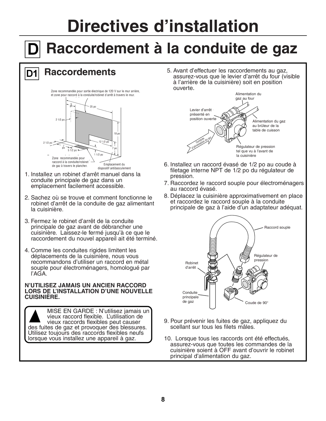 GE JGSP23, JGSP44 manual Fermez le robinet d’arrêt de la conduite, Scellanton allsurmaletousthreadsles filets. mâles 