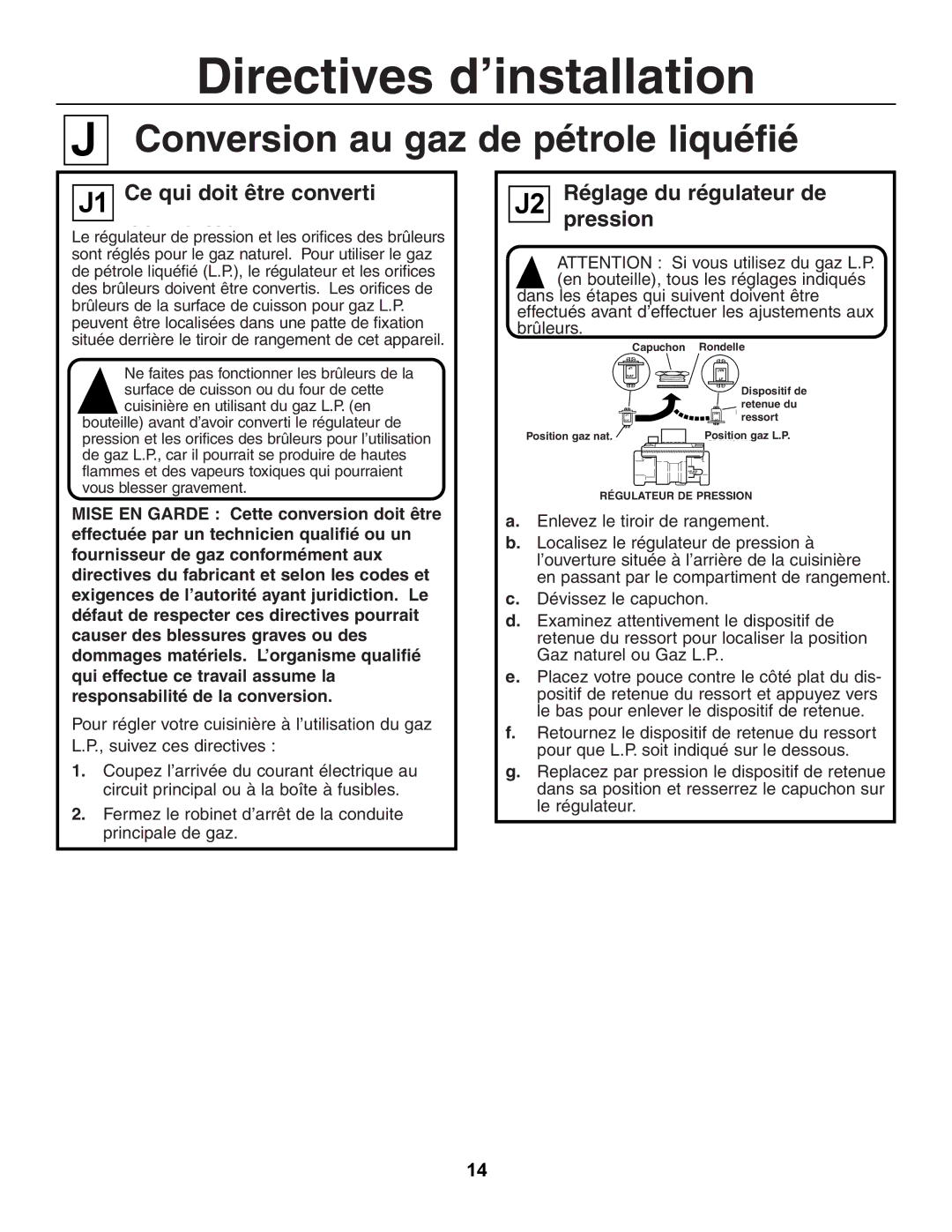 GE JGSP23 PressionRegulator, Responsabilitéconversion. de la conversion, J2 RéglageAdjustingdutherégulateurPressurede 